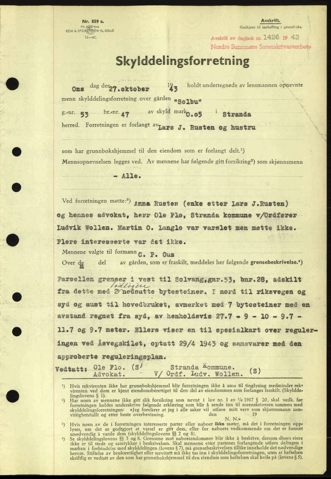 Nordre Sunnmøre sorenskriveri, SAT/A-0006/1/2/2C/2Ca: Pantebok nr. A16, 1943-1943, Dagboknr: 1426/1943