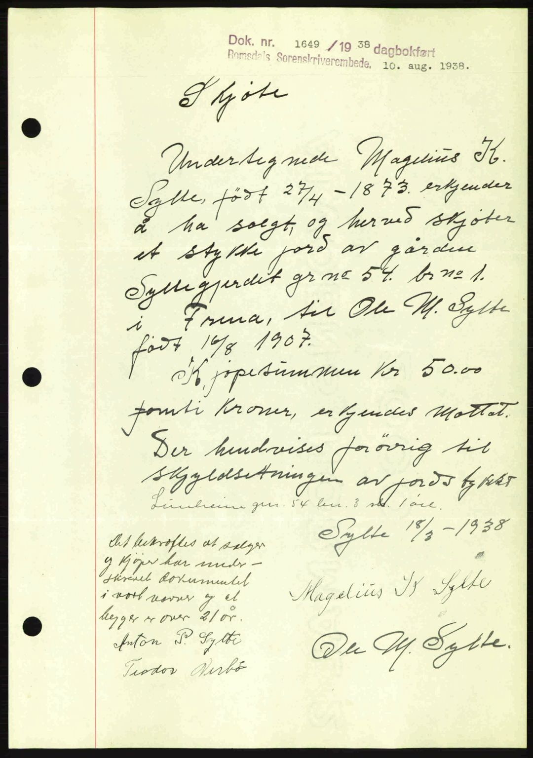 Romsdal sorenskriveri, SAT/A-4149/1/2/2C: Pantebok nr. A5, 1938-1938, Dagboknr: 1649/1938