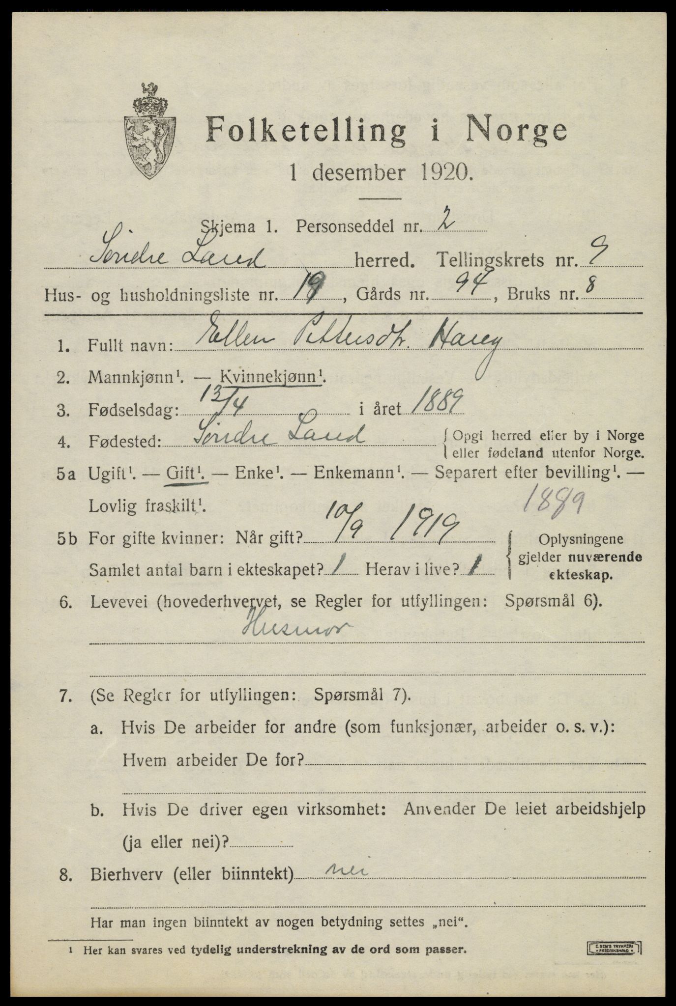 SAH, Folketelling 1920 for 0536 Søndre Land herred, 1920, s. 8401