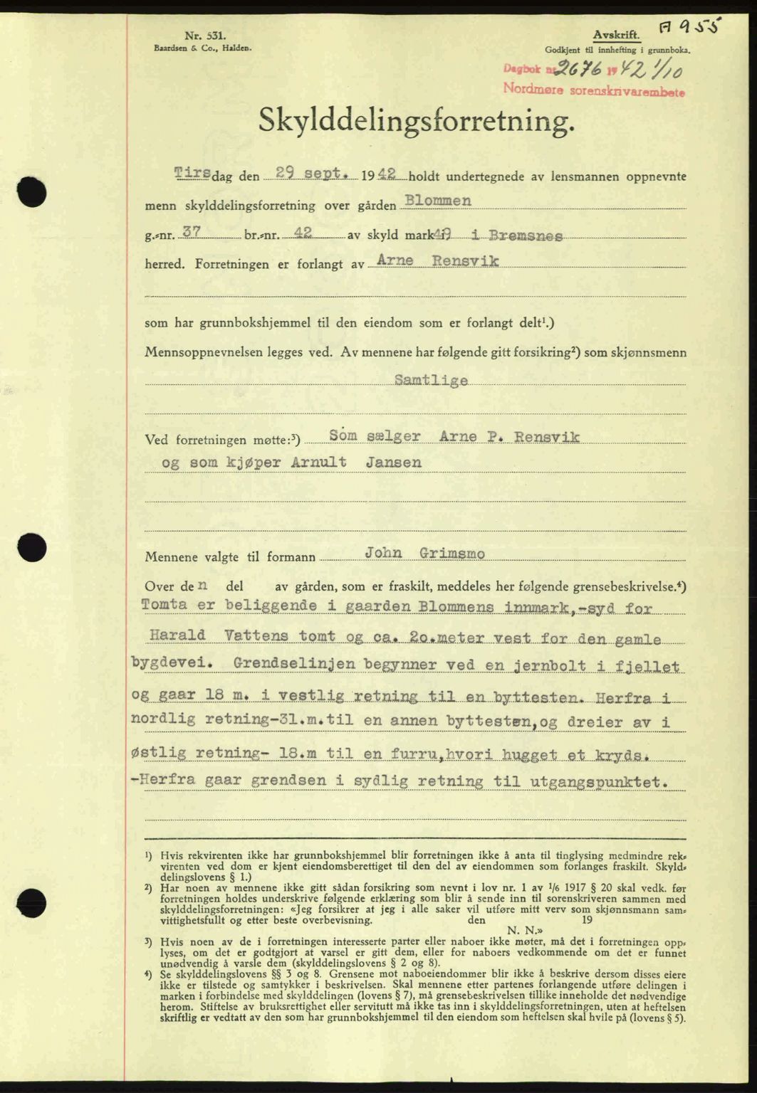 Nordmøre sorenskriveri, SAT/A-4132/1/2/2Ca: Pantebok nr. A93, 1942-1942, Dagboknr: 2676/1942