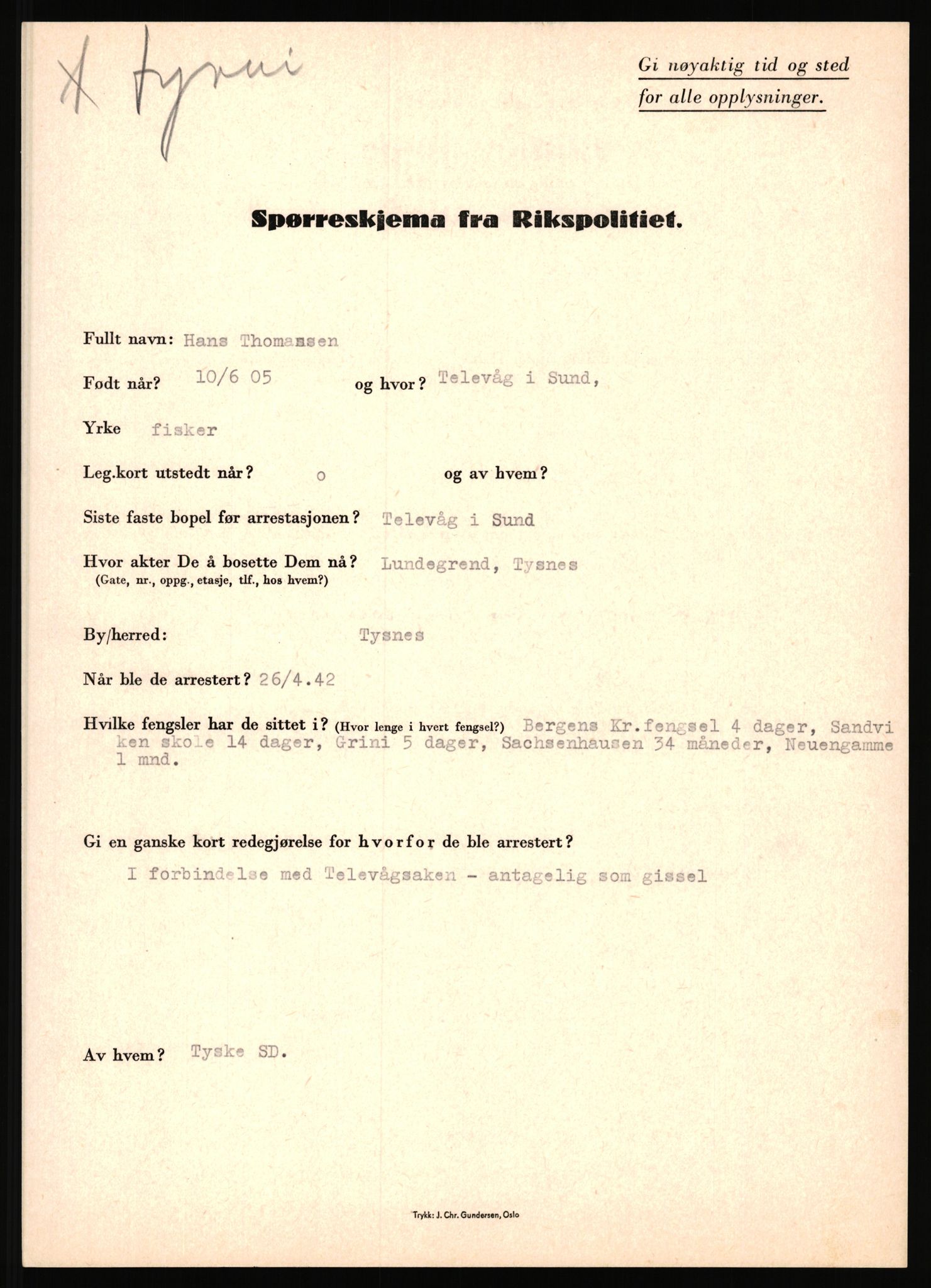 Rikspolitisjefen, AV/RA-S-1560/L/L0017: Tidemann, Hermann G. - Veum, Tjostolv, 1940-1945, s. 121