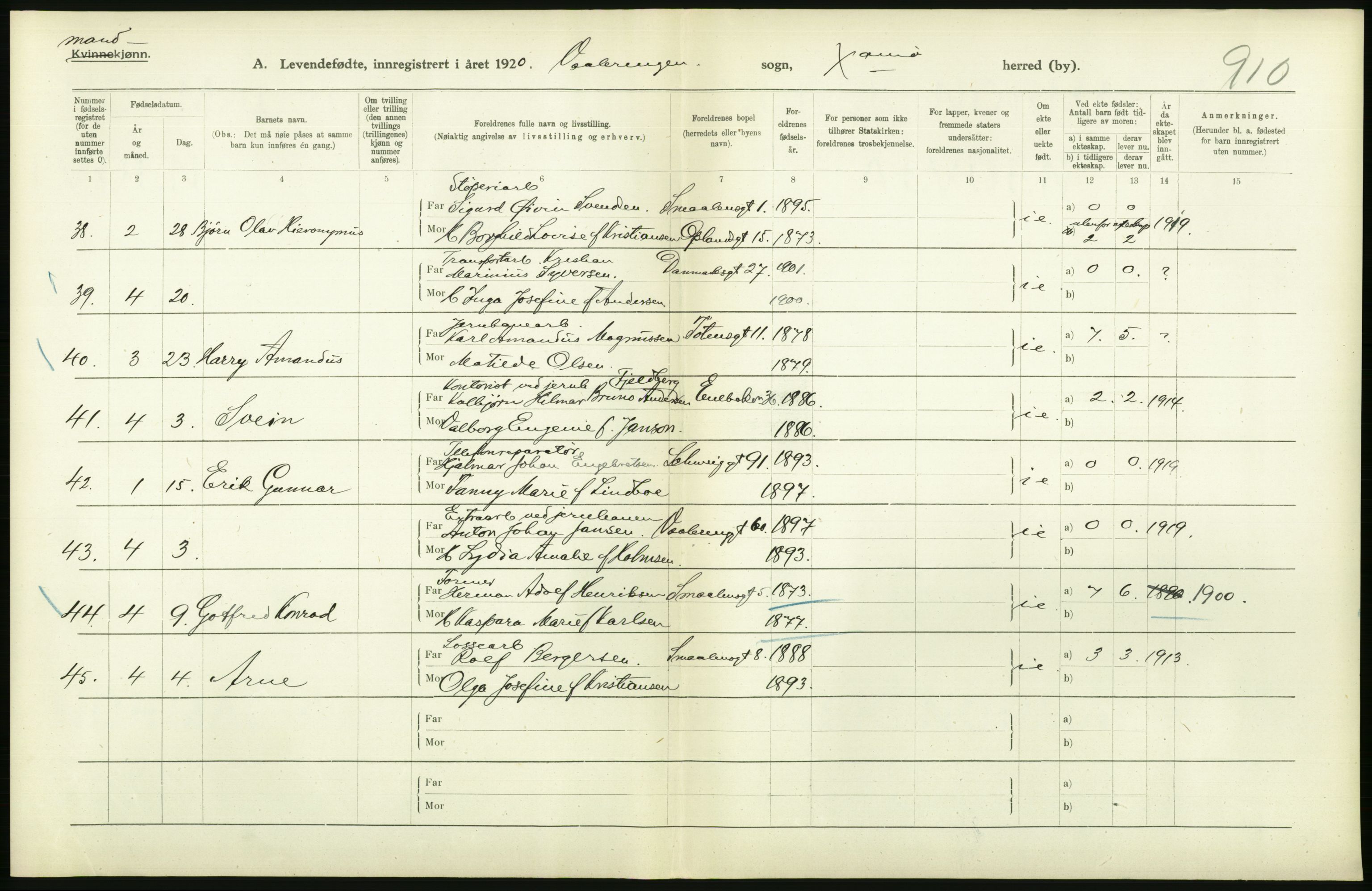 Statistisk sentralbyrå, Sosiodemografiske emner, Befolkning, RA/S-2228/D/Df/Dfb/Dfbj/L0008: Kristiania: Levendefødte menn og kvinner., 1920, s. 90