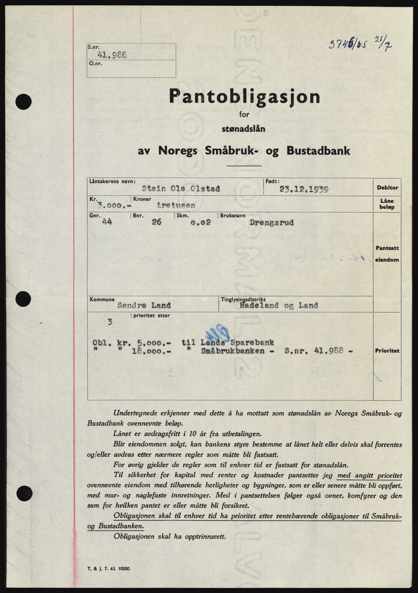 Hadeland og Land tingrett, SAH/TING-010/H/Hb/Hbc/L0059: Pantebok nr. B59, 1965-1965, Dagboknr: 3745/1965