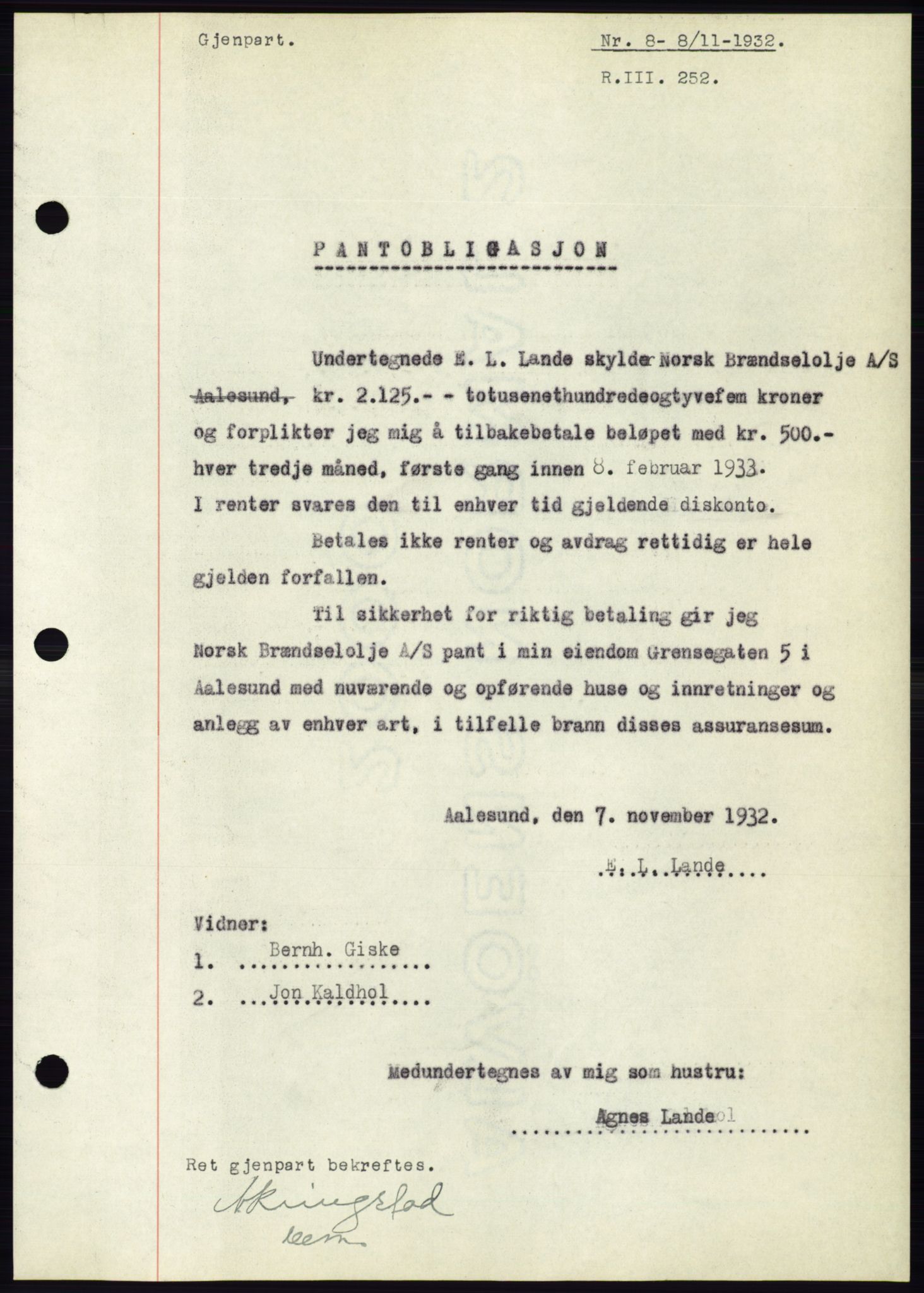 Ålesund byfogd, AV/SAT-A-4384: Pantebok nr. 30, 1932-1933, Tingl.dato: 08.11.1932