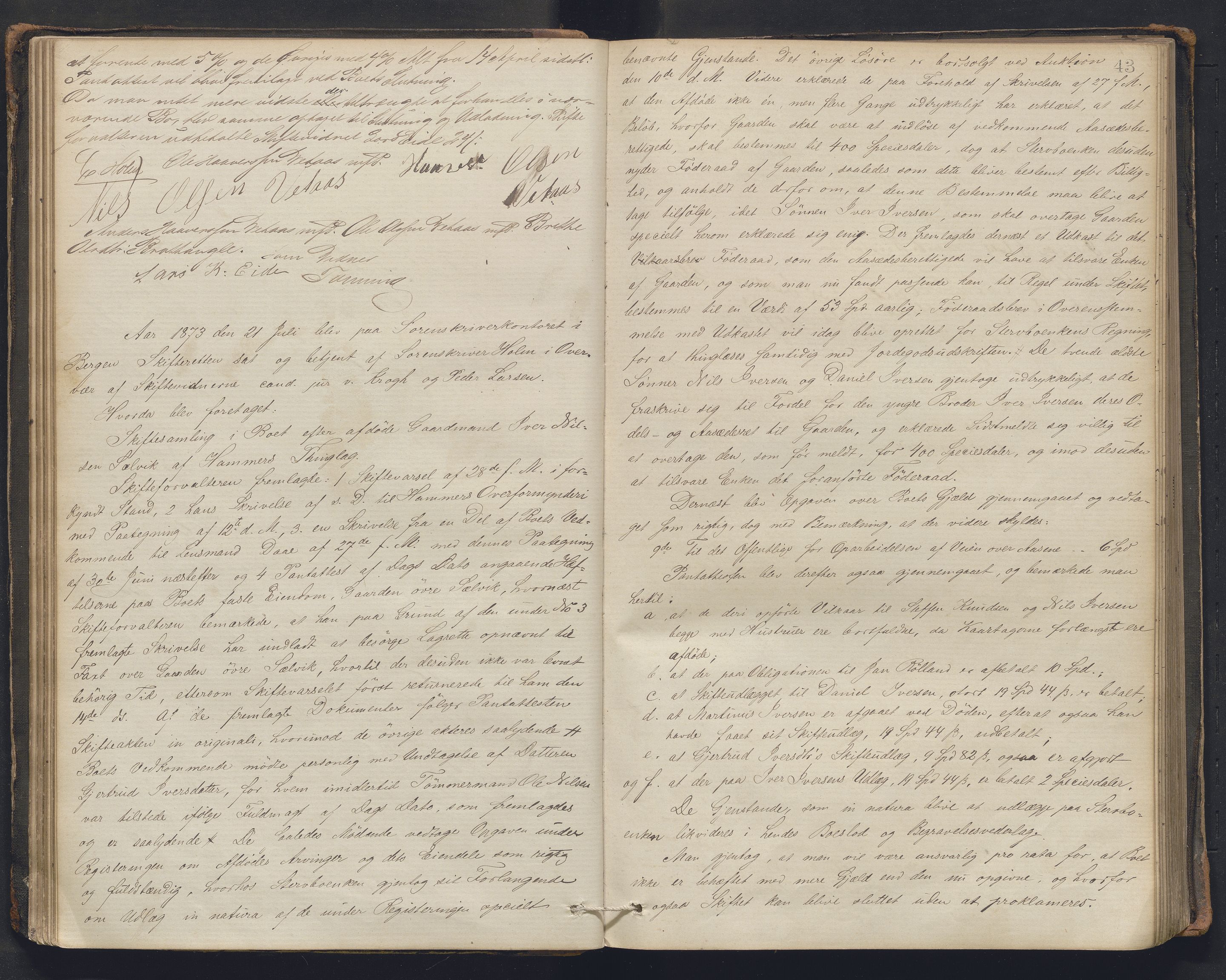 Nordhordland sorenskrivar, AV/SAB-A-2901/1/H/Hc/L0002: Skifteforhandlingsprotokollar, 1871-1878, s. 43