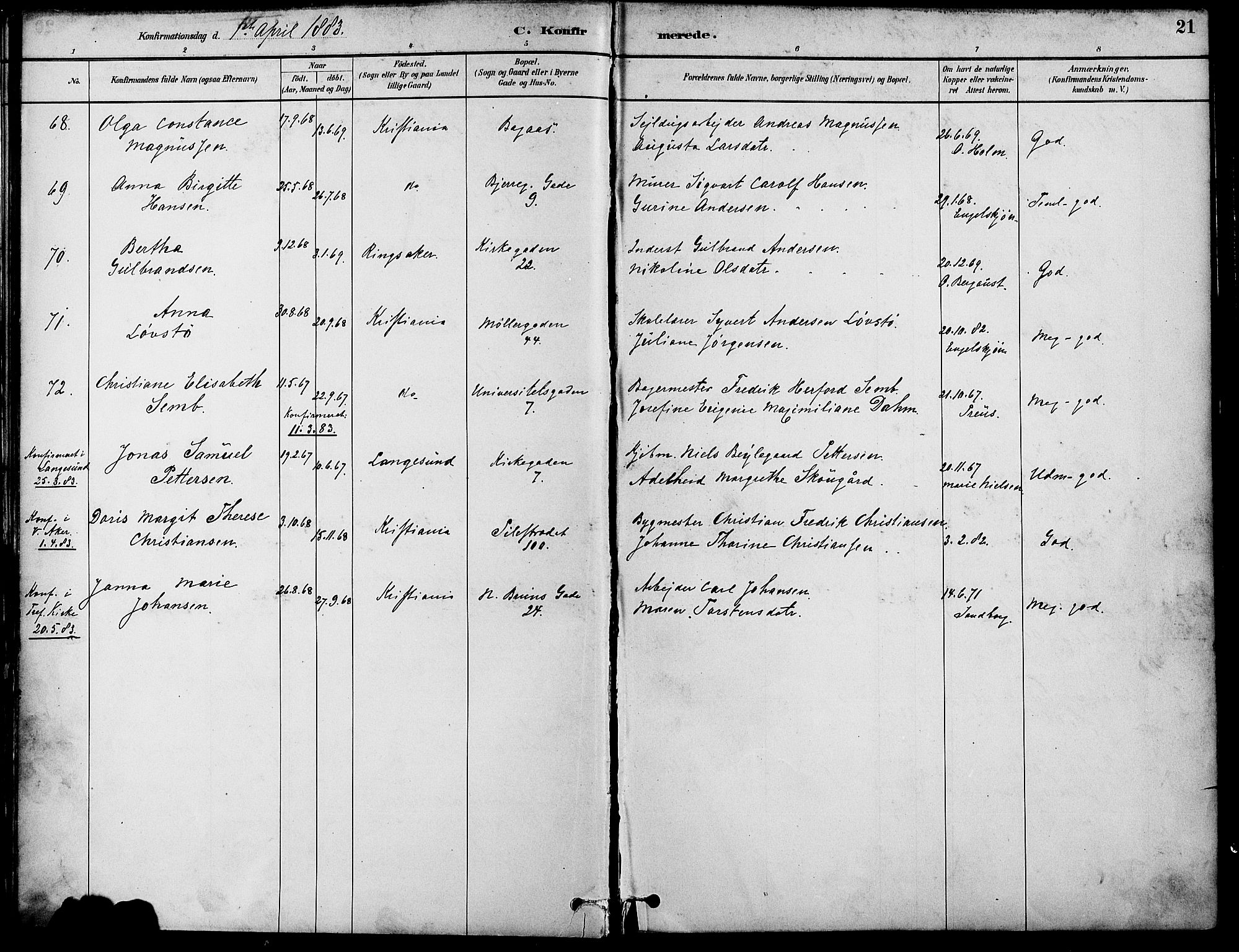 Gamle Aker prestekontor Kirkebøker, AV/SAO-A-10617a/F/L0007: Ministerialbok nr. 7, 1882-1890, s. 21