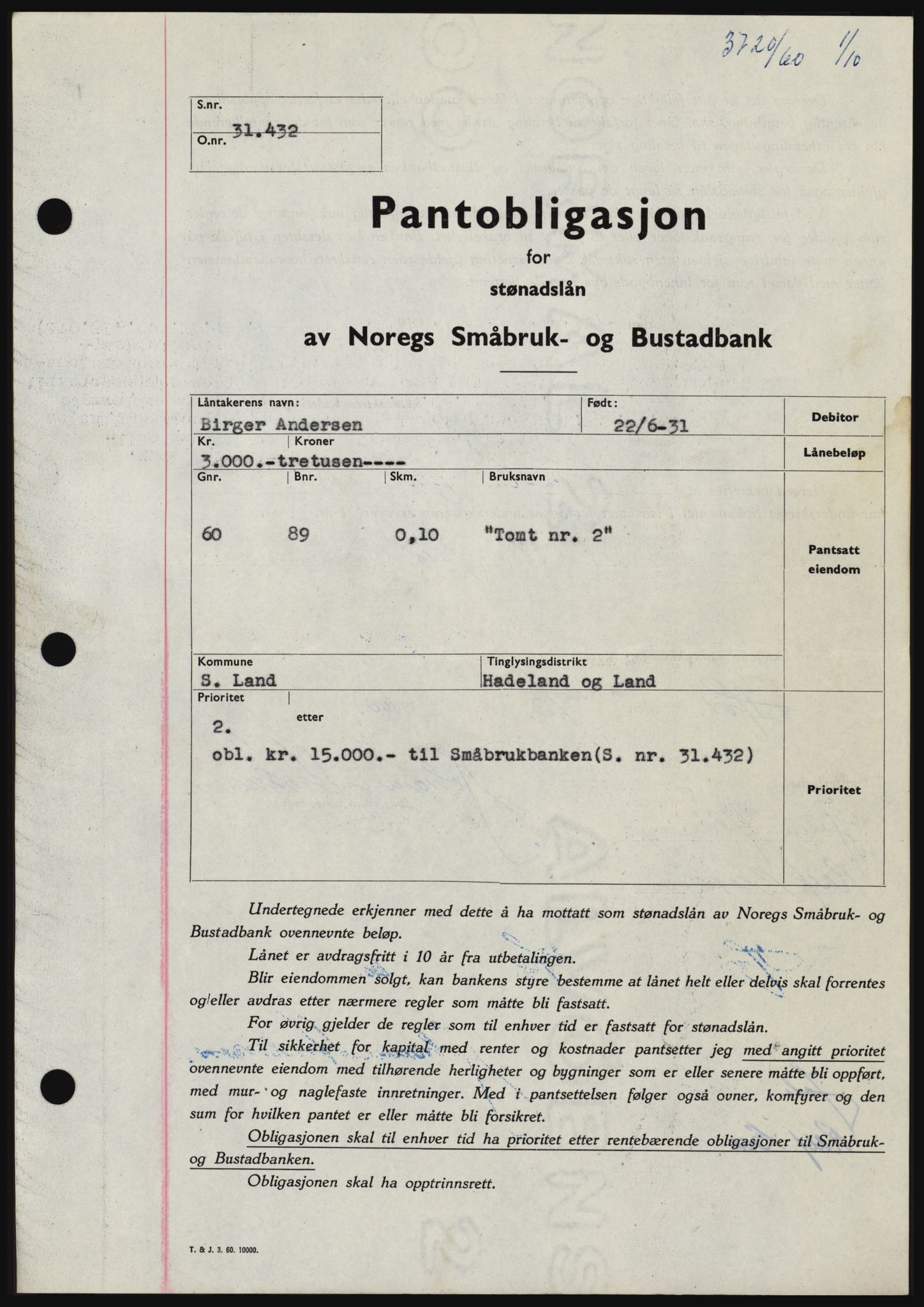 Hadeland og Land tingrett, SAH/TING-010/H/Hb/Hbc/L0044: Pantebok nr. B44, 1960-1961, Dagboknr: 3720/1960