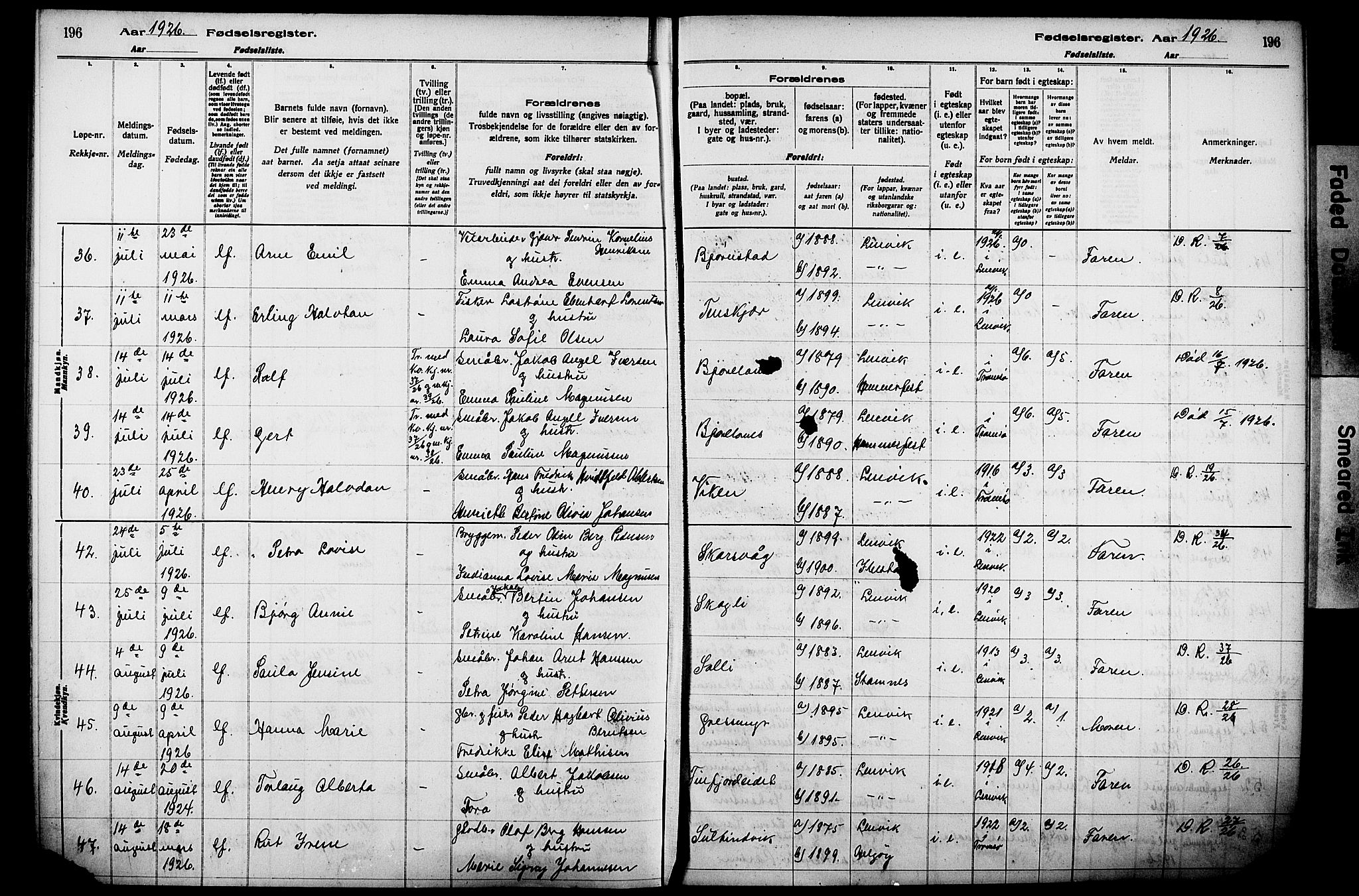 Lenvik sokneprestembete, SATØ/S-1310/I/Ic/L0089: Fødselsregister nr. 89, 1916-1926, s. 196