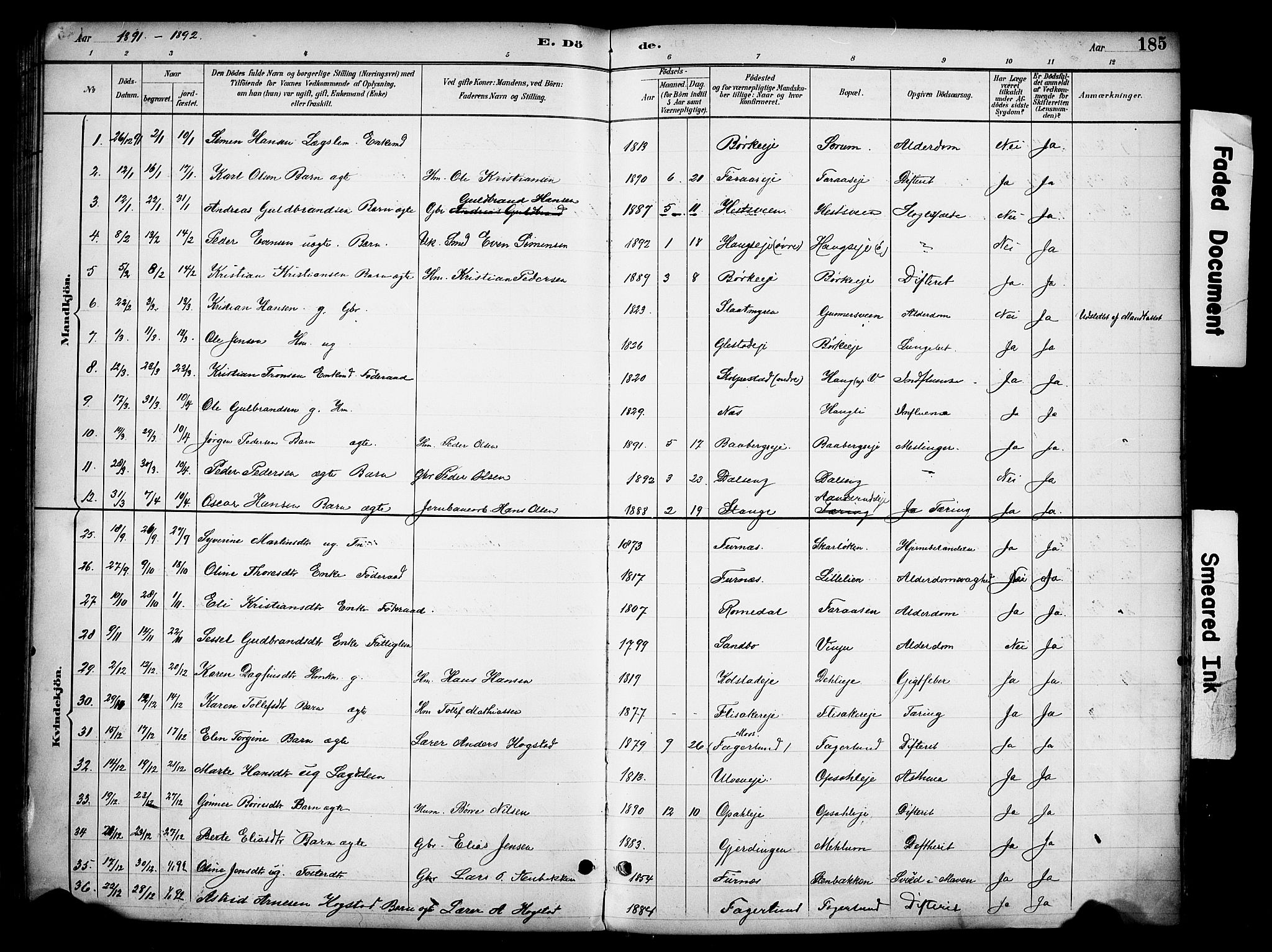 Ringsaker prestekontor, AV/SAH-PREST-014/K/Ka/L0016: Ministerialbok nr. 16, 1891-1904, s. 185