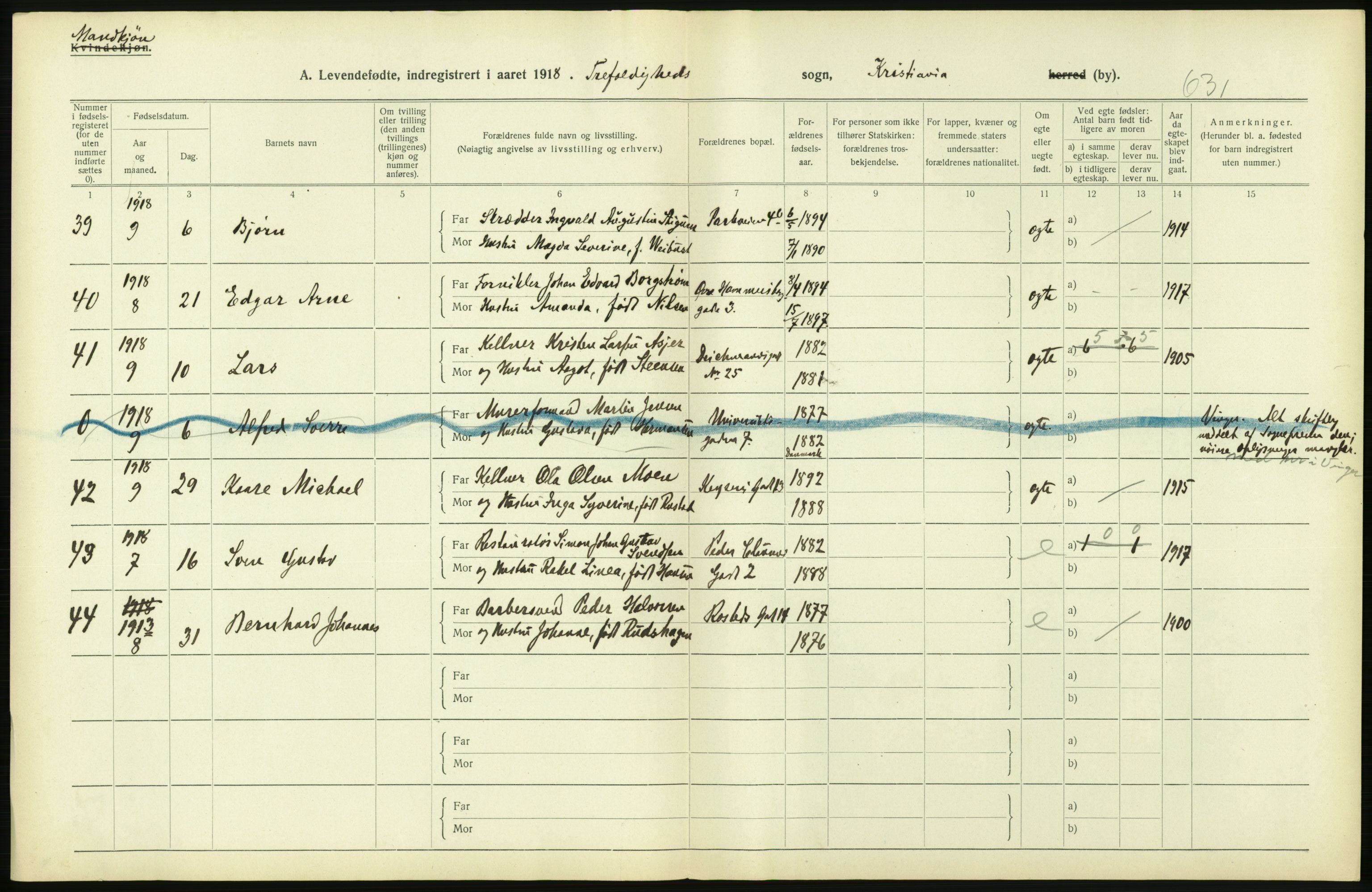 Statistisk sentralbyrå, Sosiodemografiske emner, Befolkning, AV/RA-S-2228/D/Df/Dfb/Dfbh/L0008: Kristiania: Levendefødte menn og kvinner., 1918, s. 272