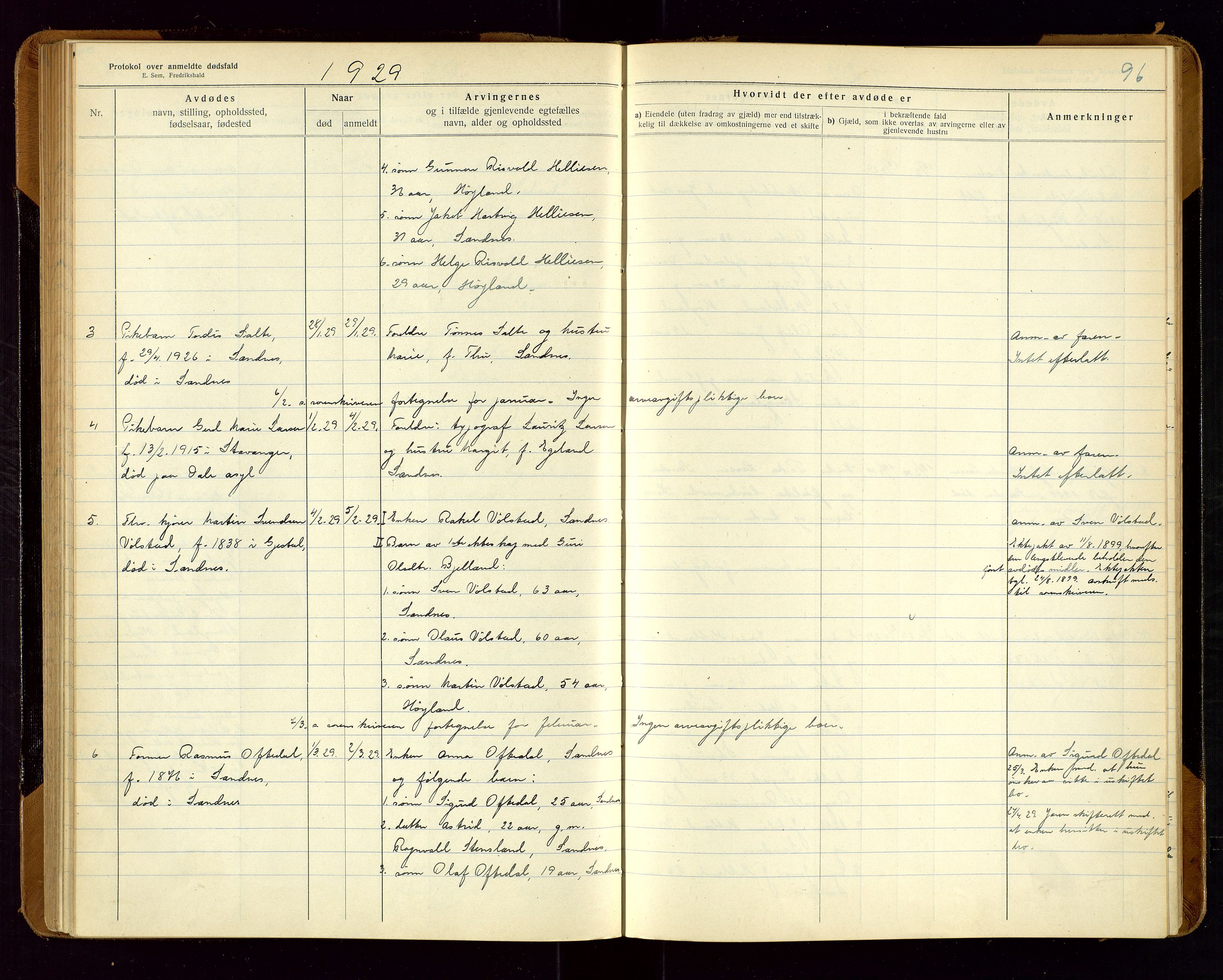 Sandnes lensmannskontor, AV/SAST-A-100167/Gga/L0001: "Protokol over anmeldte dødsfald" m/register, 1918-1940, s. 96