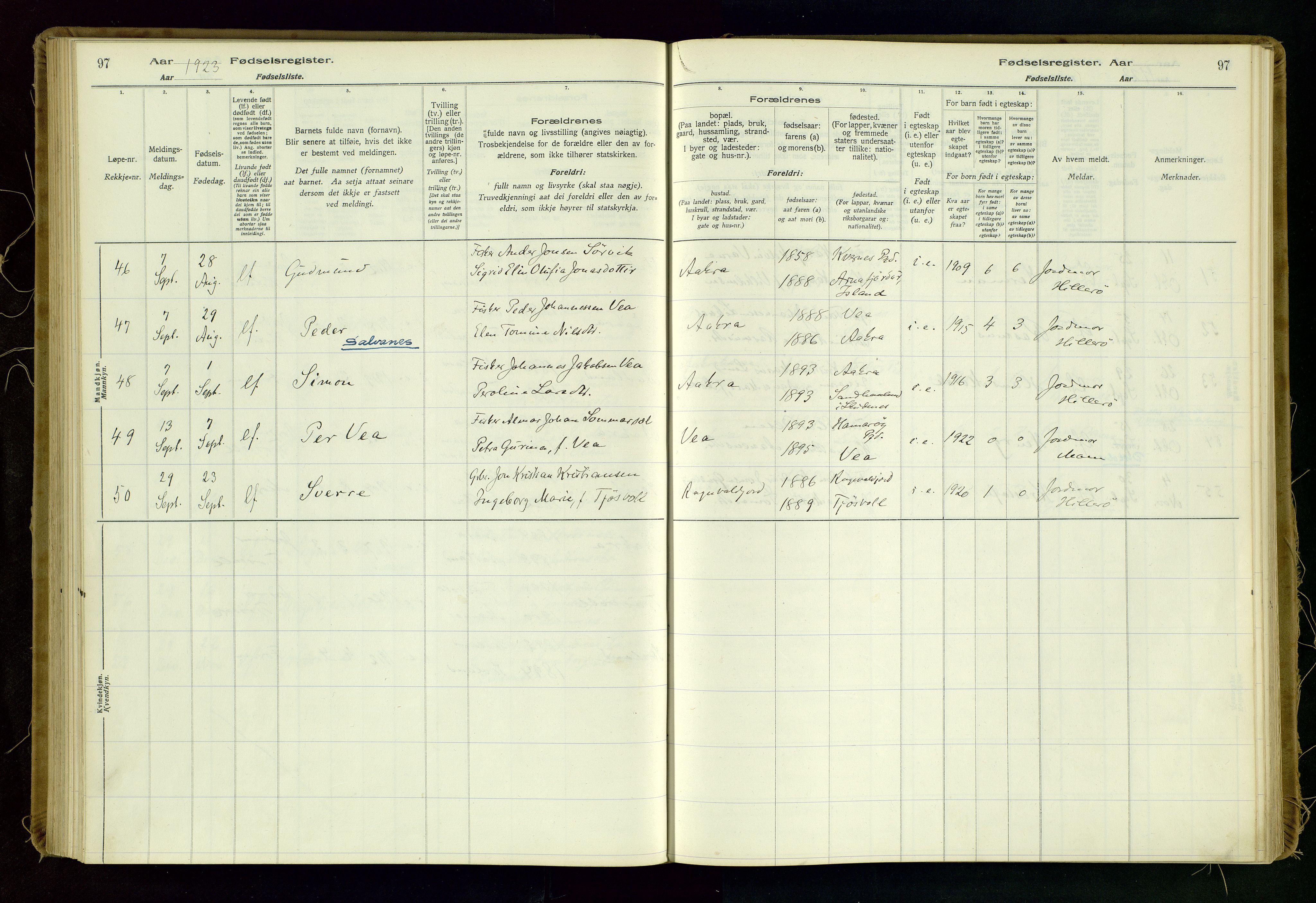 Kopervik sokneprestkontor, AV/SAST-A-101850/I/Id/L0006: Fødselsregister nr. 6, 1916-1934, s. 97