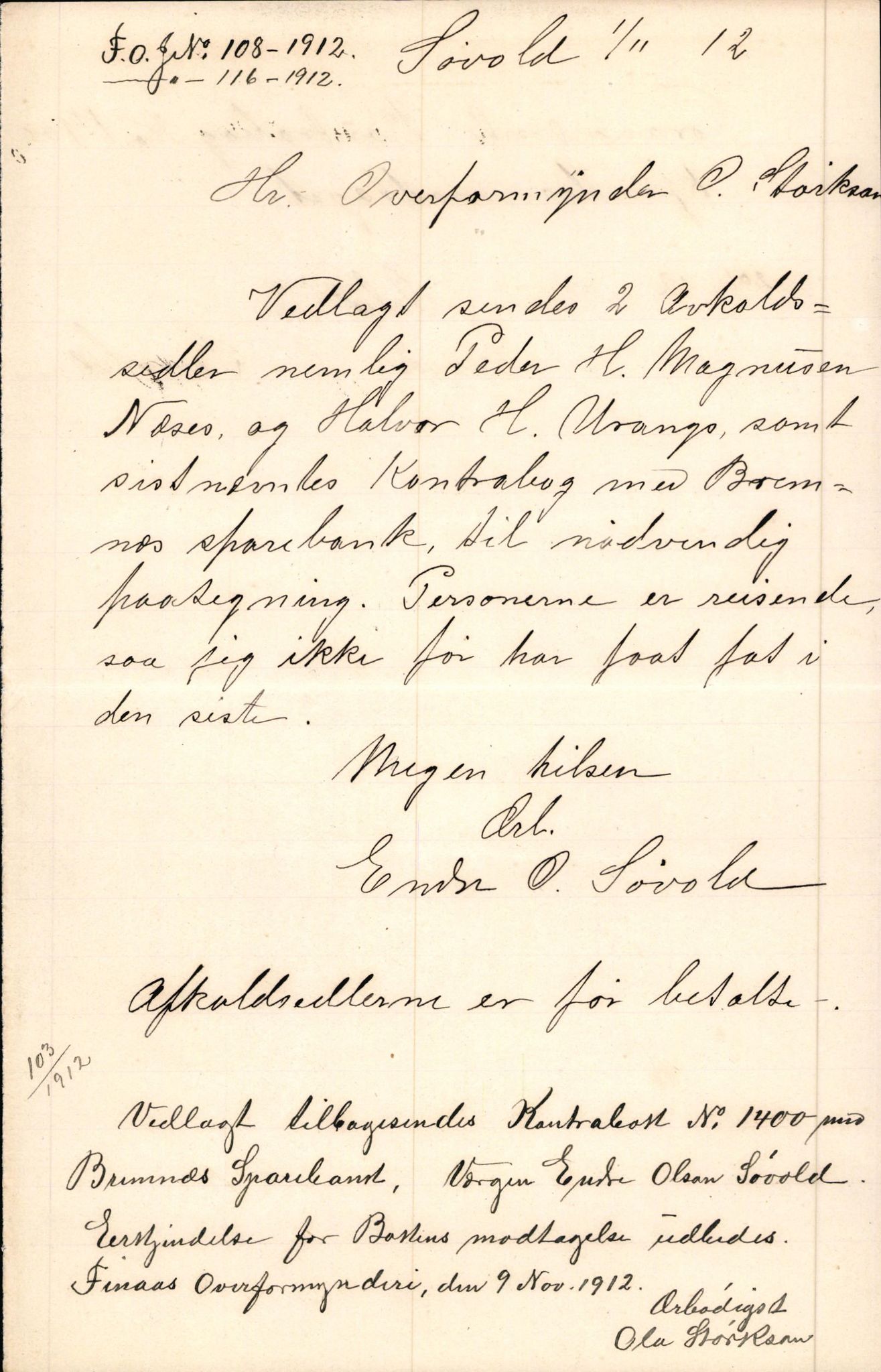 Finnaas kommune. Overformynderiet, IKAH/1218a-812/D/Da/Daa/L0002/0004: Kronologisk ordna korrespondanse / Kronologisk ordna korrespondanse, 1910-1913, s. 135