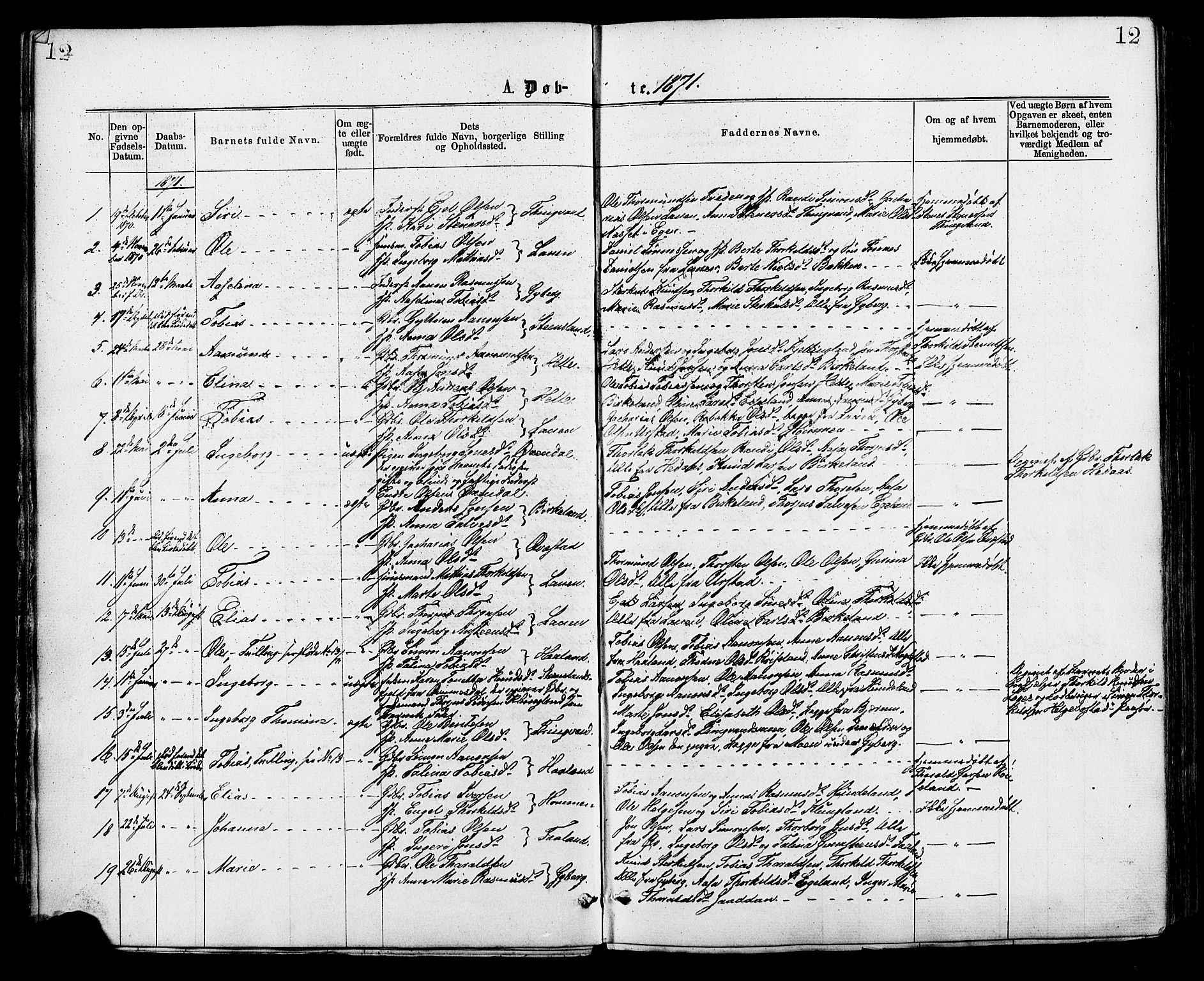 Hægebostad sokneprestkontor, AV/SAK-1111-0024/F/Fa/Faa/L0005: Ministerialbok nr. A 5, 1864-1886, s. 12