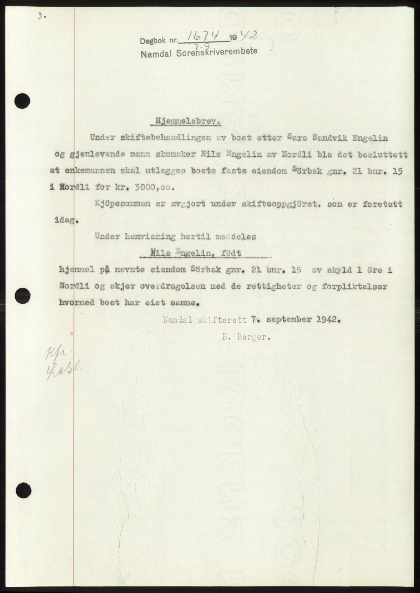 Namdal sorenskriveri, SAT/A-4133/1/2/2C: Pantebok nr. -, 1942-1943, Dagboknr: 1674/1942