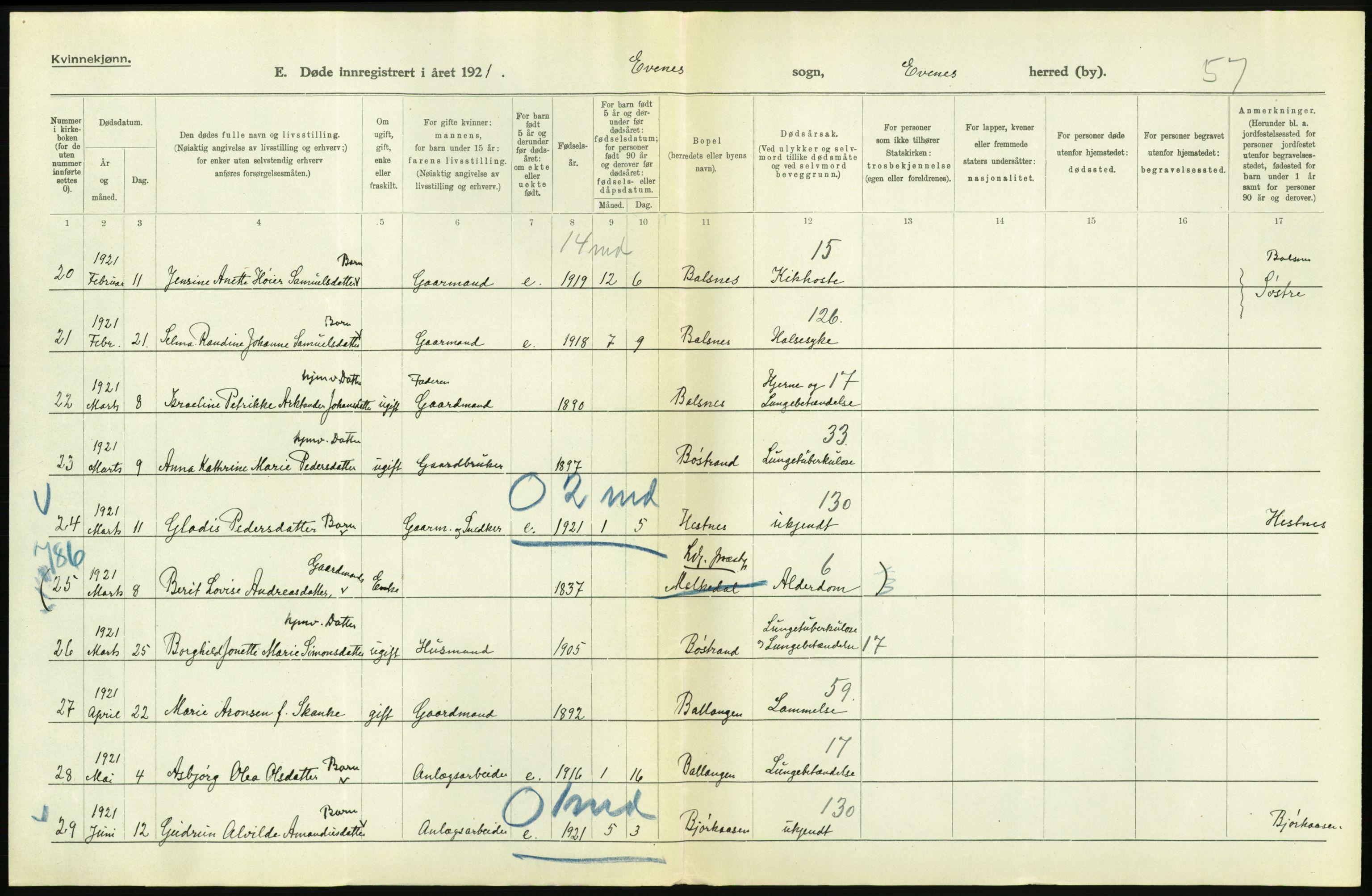 Statistisk sentralbyrå, Sosiodemografiske emner, Befolkning, AV/RA-S-2228/D/Df/Dfc/Dfca/L0051: Nordland fylke: Døde. Bygder og byer., 1921