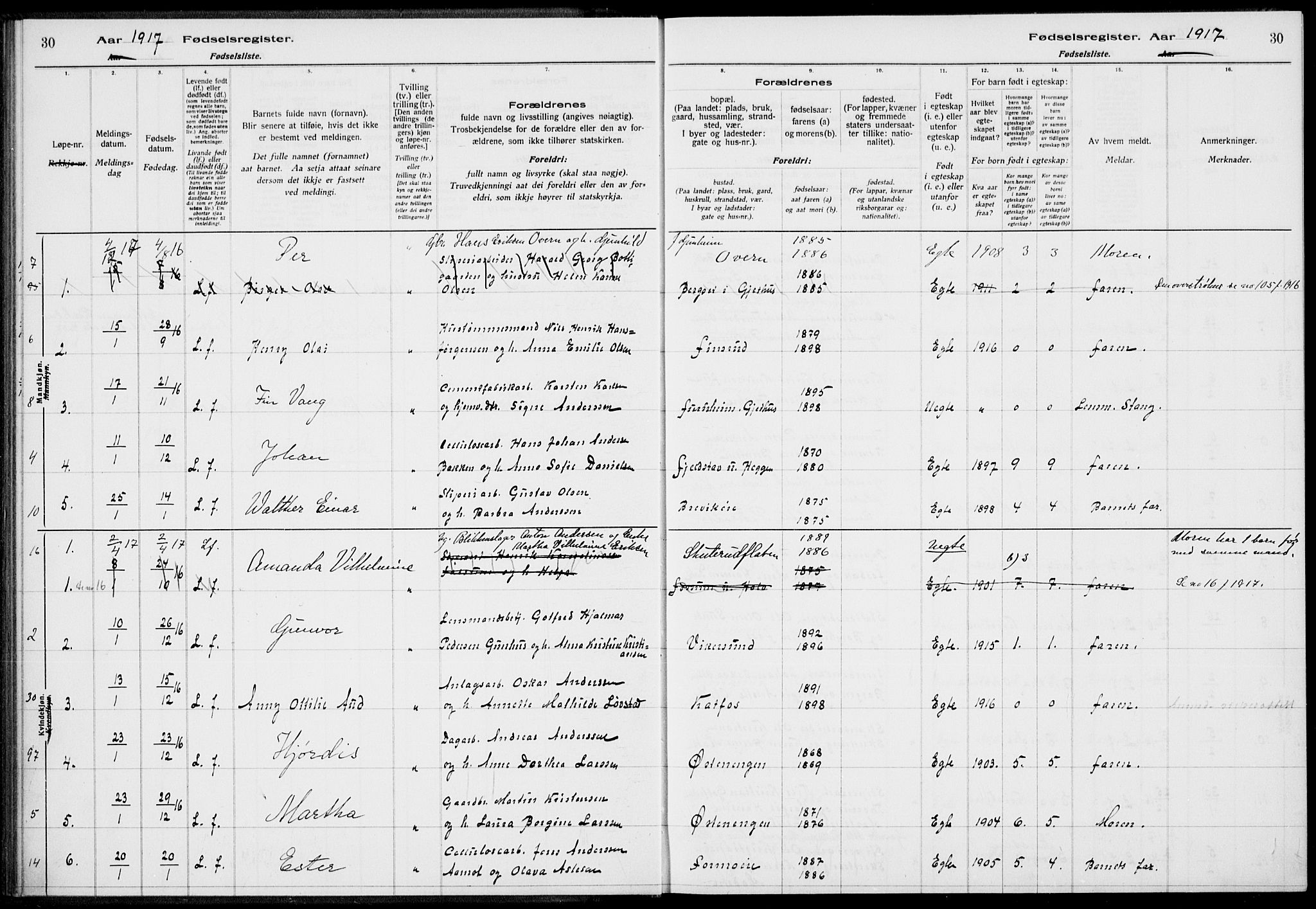 Modum kirkebøker, AV/SAKO-A-234/J/Ja/L0001: Fødselsregister nr. I 1, 1916-1923, s. 30