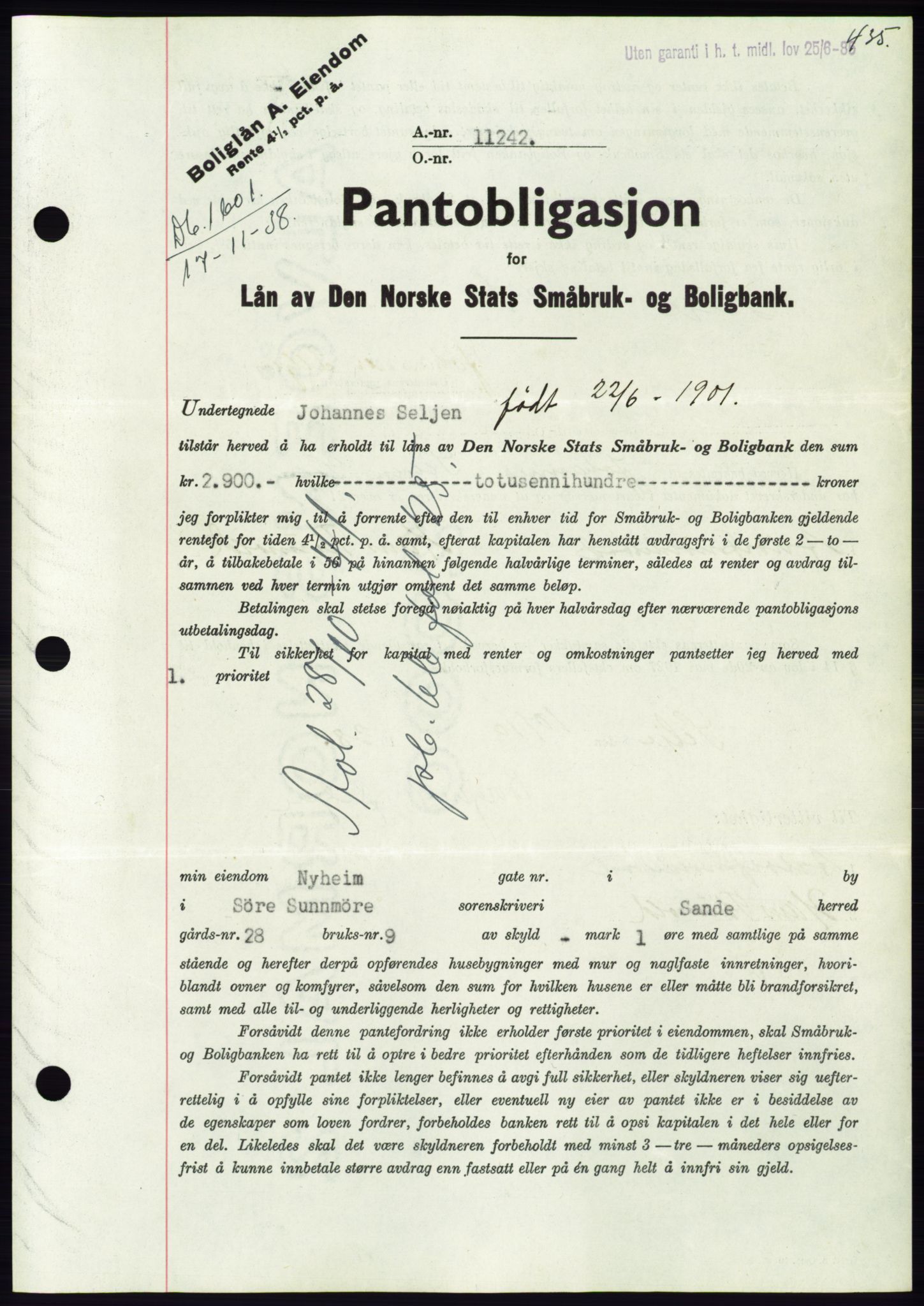 Søre Sunnmøre sorenskriveri, AV/SAT-A-4122/1/2/2C/L0066: Pantebok nr. 60, 1938-1938, Dagboknr: 1601/1938