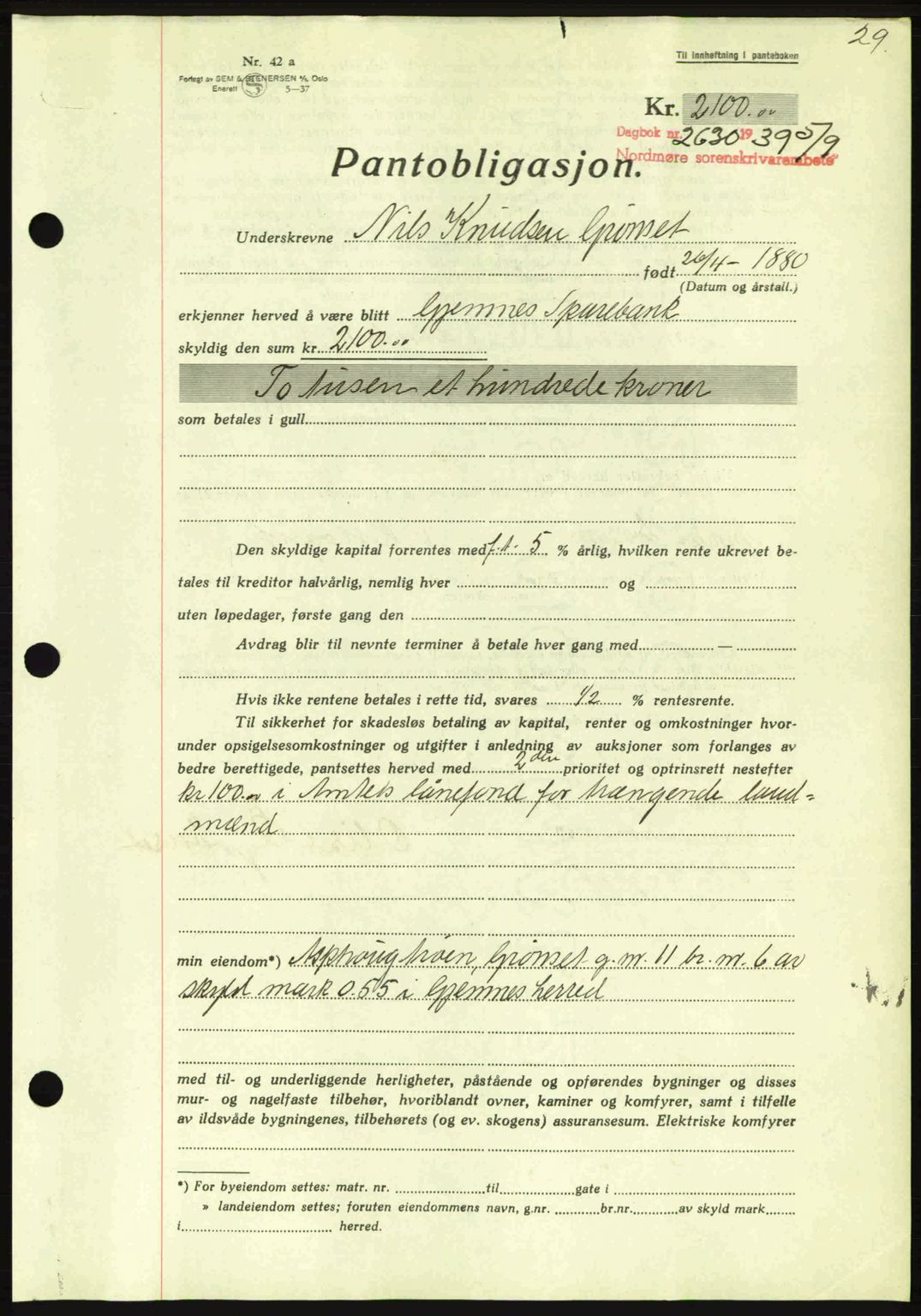 Nordmøre sorenskriveri, AV/SAT-A-4132/1/2/2Ca: Pantebok nr. B86, 1939-1940, Dagboknr: 2630/1939