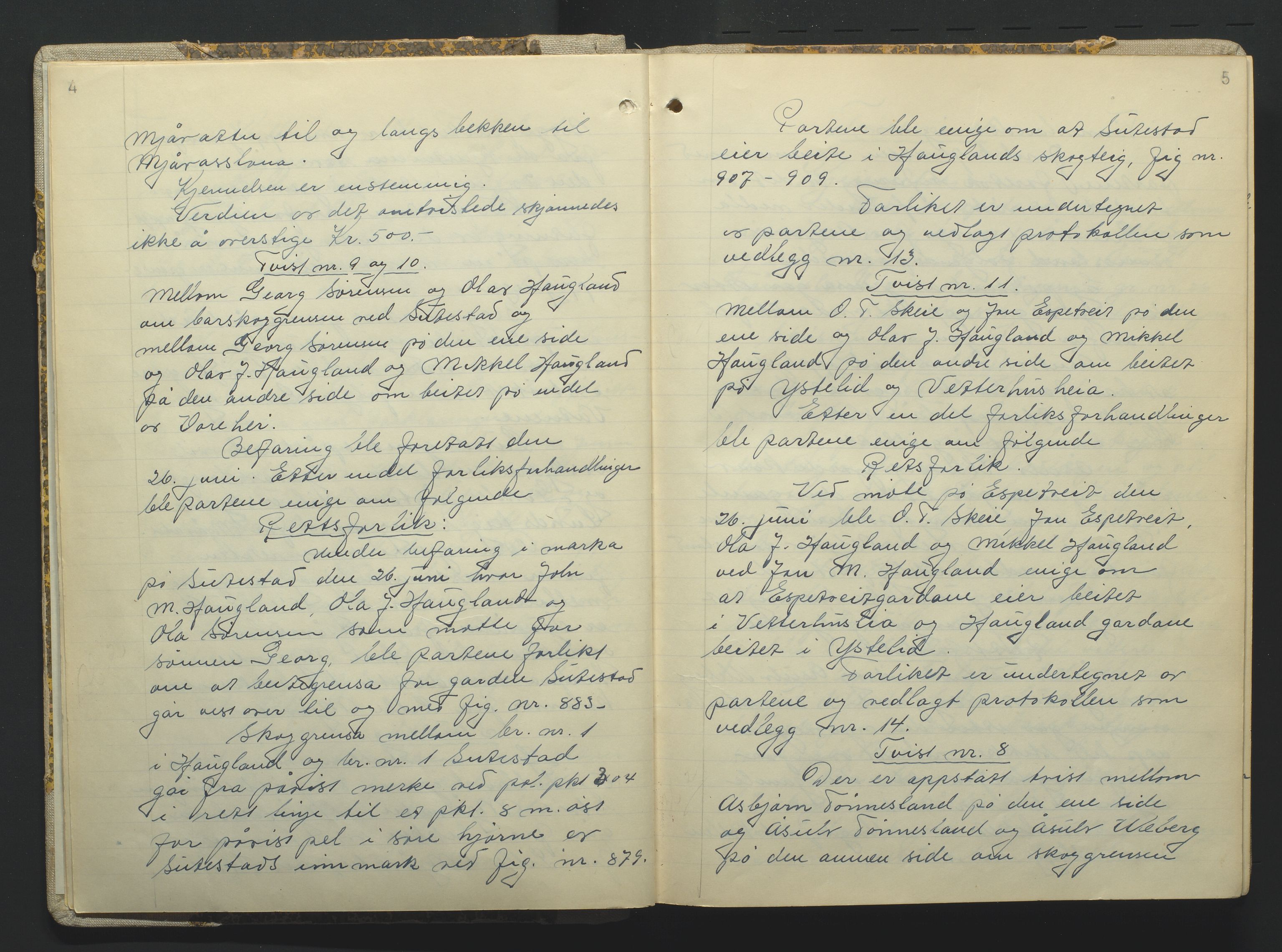 Setesdal jordskifterett, AV/SAK-1541-0008/F/Fa/Faa/L0001: Jordskifteprotokoll med gårdsregister, Setesdal domssokn nr 16, 1952-1958, s. 4-5