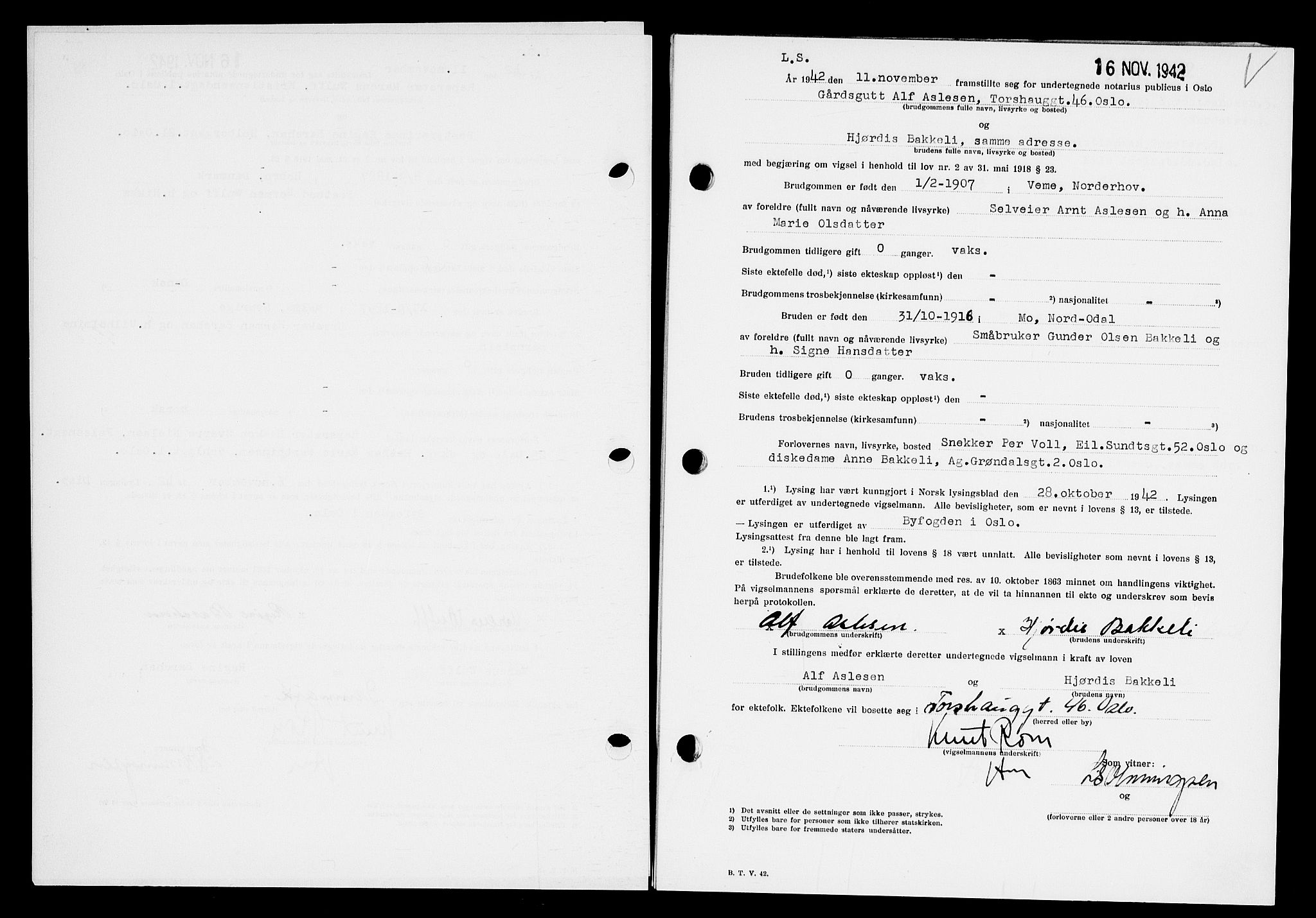 Oslo byfogd avd. I, AV/SAO-A-10220/L/Lb/Lbb/L0042: Notarialprotokoll, rekke II: Vigsler, 1942