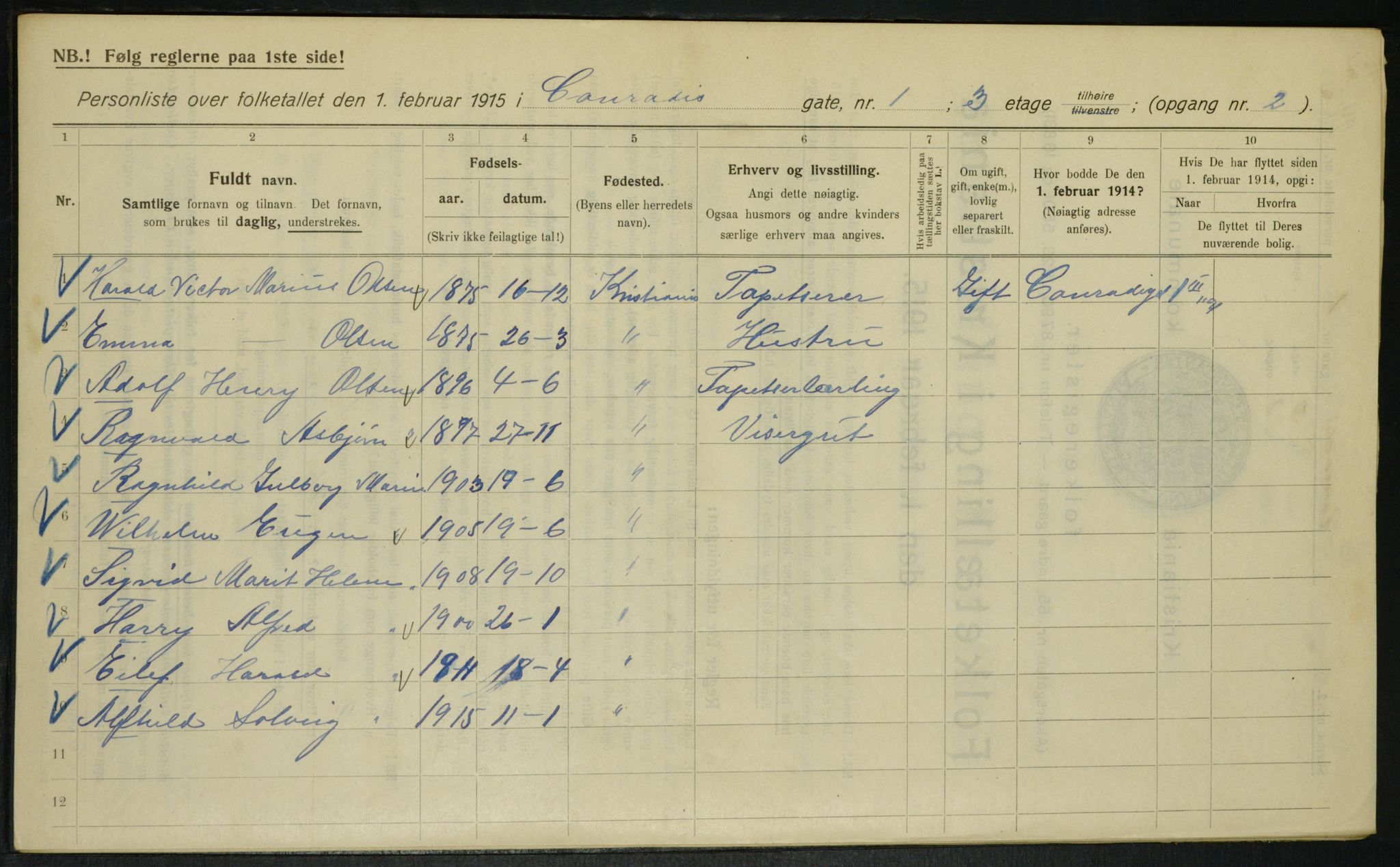 OBA, Kommunal folketelling 1.2.1915 for Kristiania, 1915, s. 13303