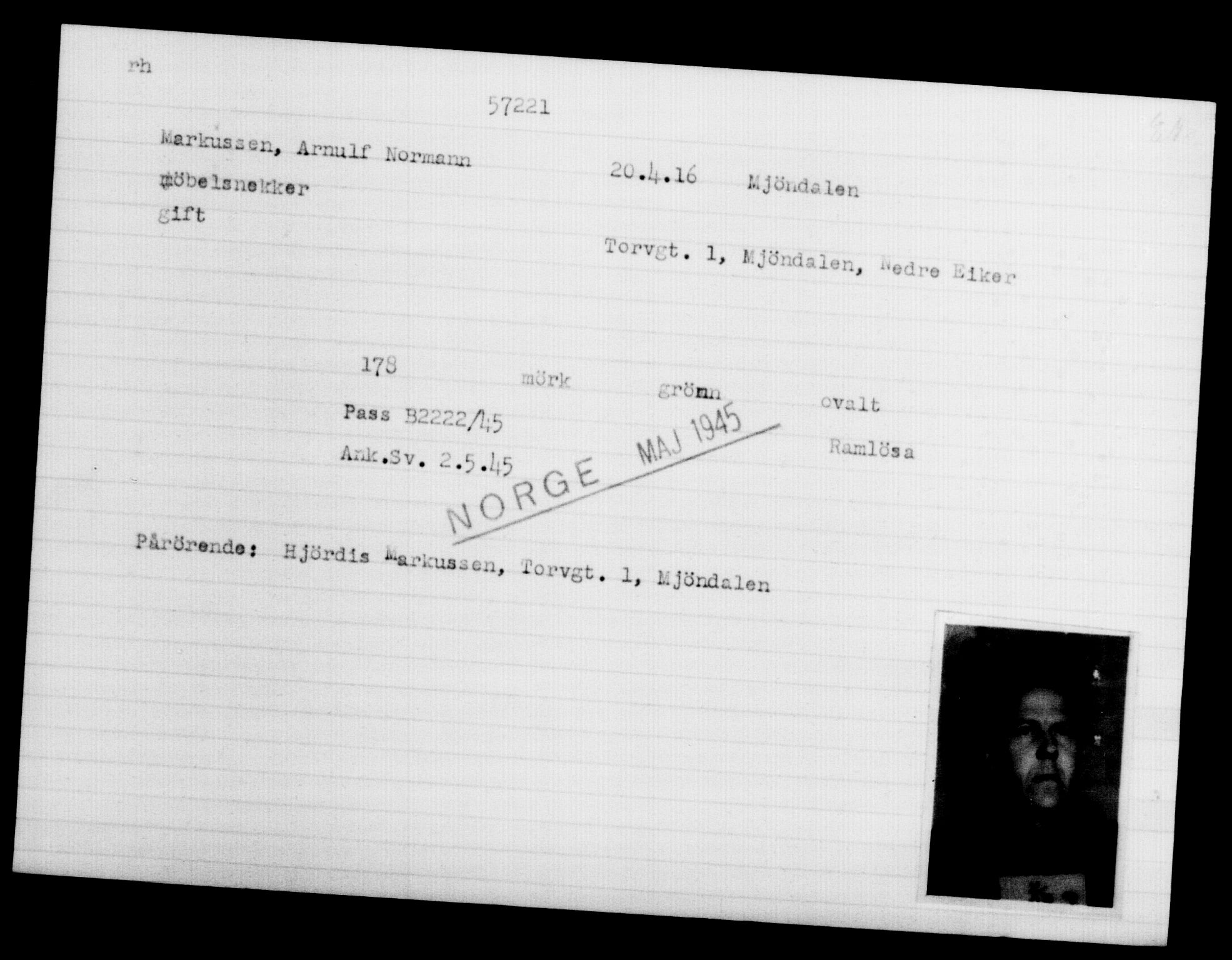 Utenriksstasjonene, Legasjonen i Stockholm, Flyktningkontoret, AV/RA-S-6753/V/Va/L0020: Kjesäterkartoteket, flyktninger med registreringsnr. 55000-58245, 1940-1945, s. 2221