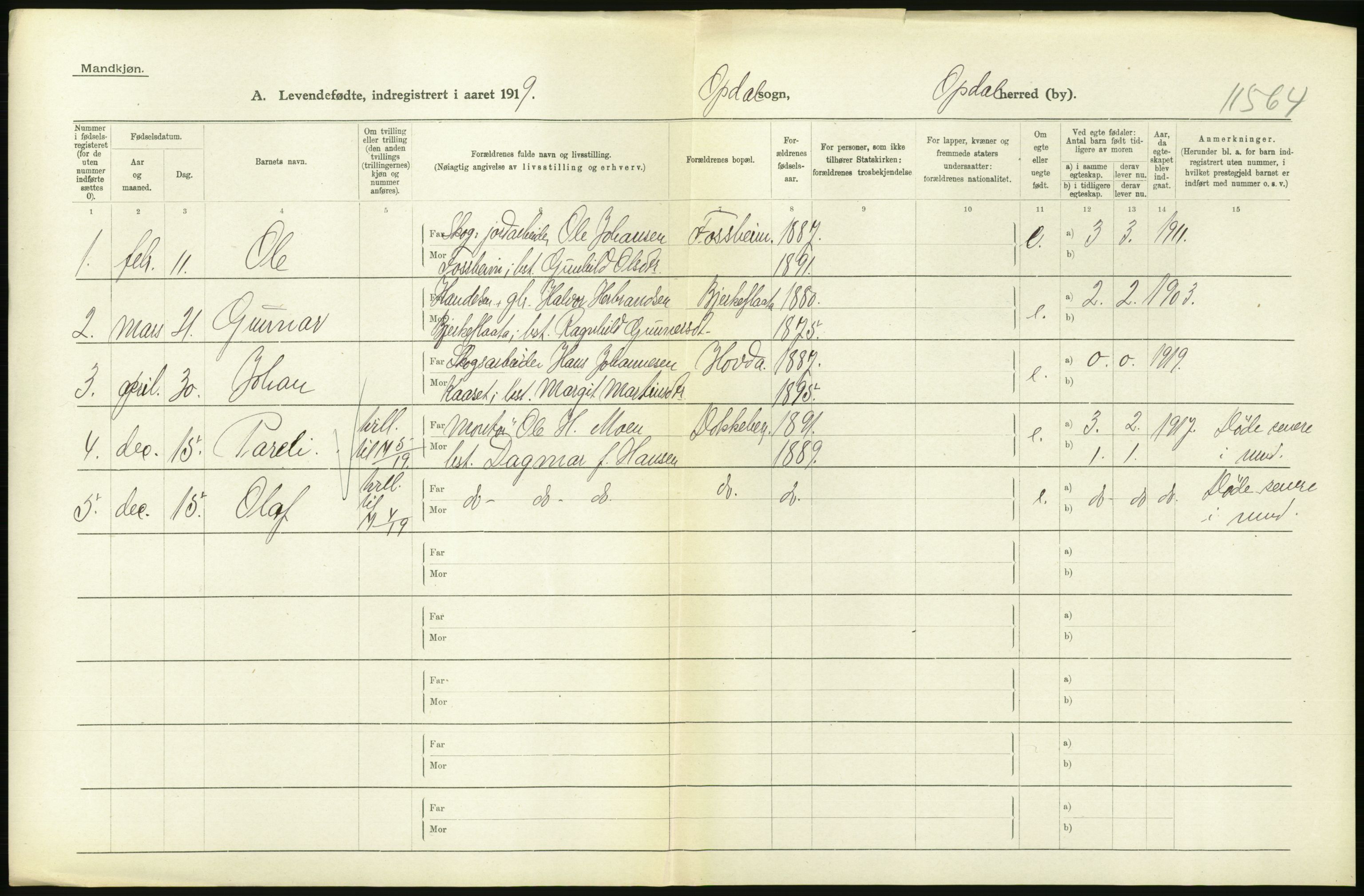 Statistisk sentralbyrå, Sosiodemografiske emner, Befolkning, RA/S-2228/D/Df/Dfb/Dfbi/L0016: Buskerud fylke: Levendefødte menn og kvinner. Bygder., 1919, s. 266