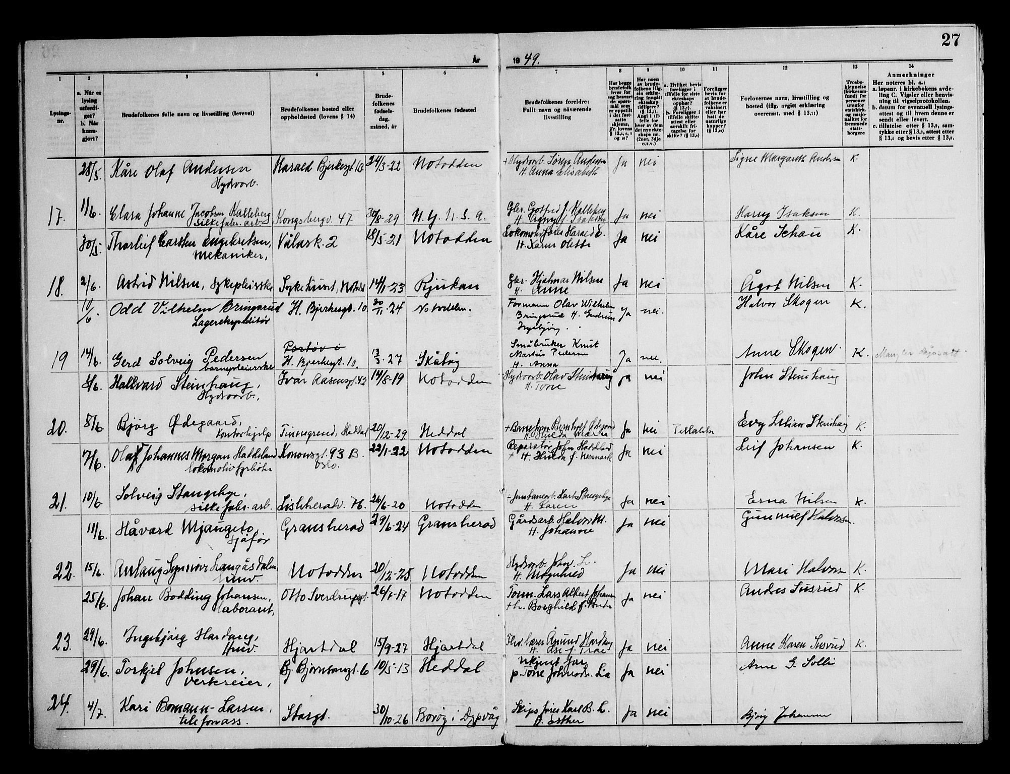 Notodden kirkebøker, AV/SAKO-A-290/H/Ha/L0002: Lysningsprotokoll nr. 2, 1946-1958, s. 27