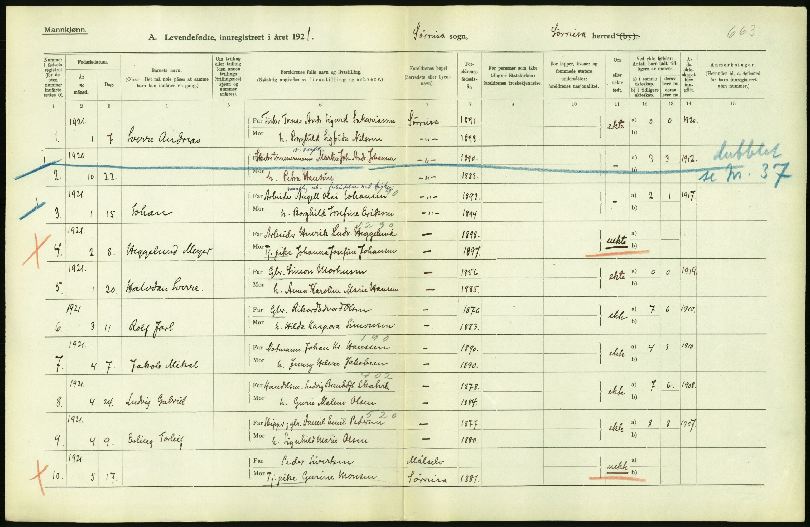 Statistisk sentralbyrå, Sosiodemografiske emner, Befolkning, RA/S-2228/D/Df/Dfc/Dfca/L0052: Troms fylke: Levendefødte menn og kvinner. Bygder og byer., 1921, s. 150