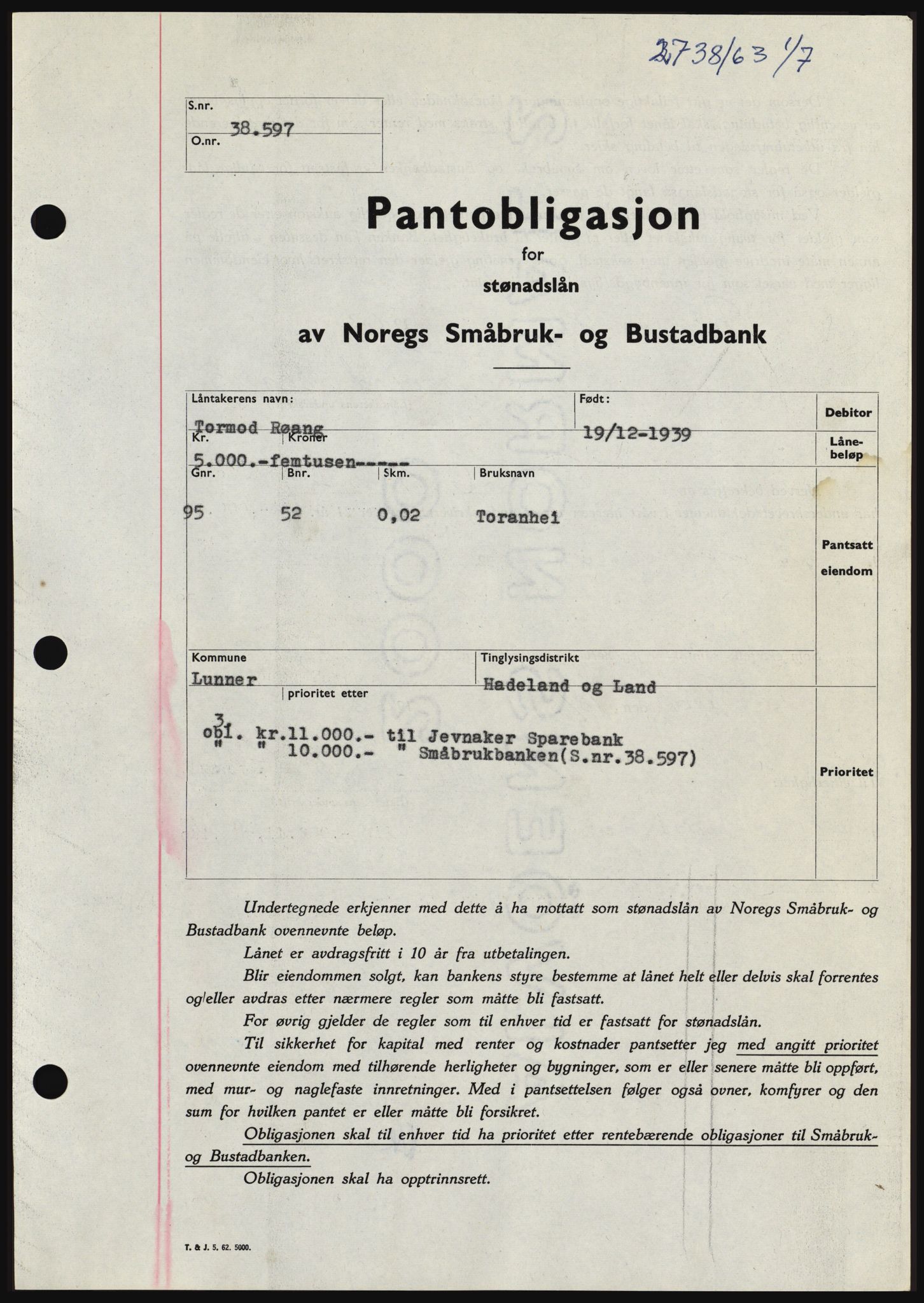Hadeland og Land tingrett, SAH/TING-010/H/Hb/Hbc/L0052: Pantebok nr. B52, 1963-1963, Dagboknr: 2738/1963