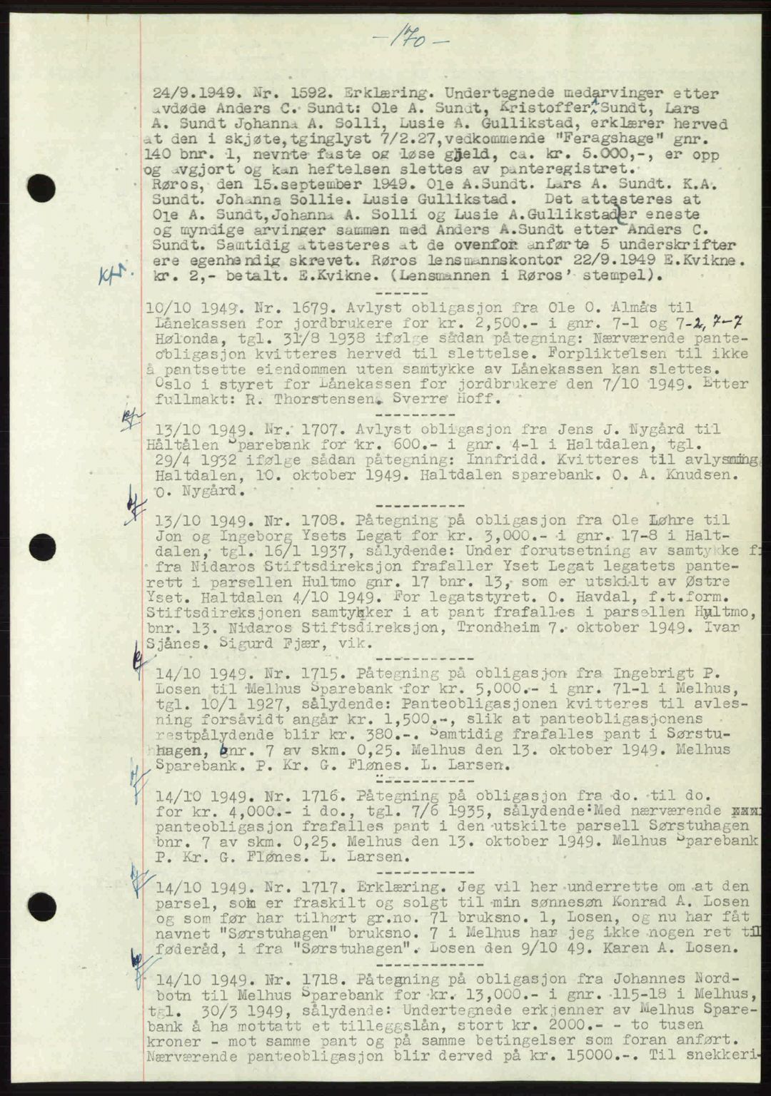 Gauldal sorenskriveri, SAT/A-0014/1/2/2C: Pantebok nr. A8, 1949-1949, Dagboknr: 1592/1949