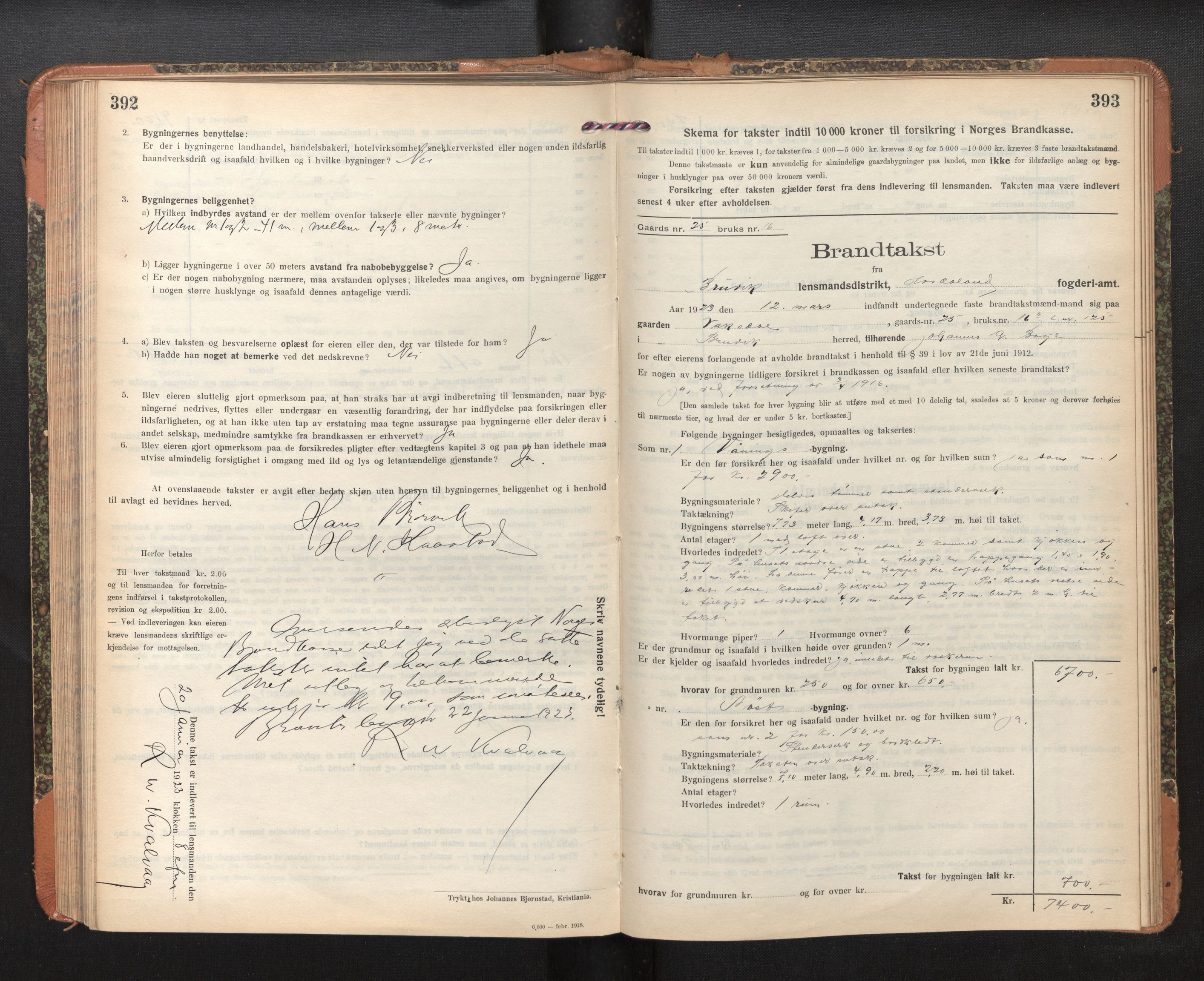 Lensmannen i Bruvik, SAB/A-31301/0012/L0009: Branntakstprotokoll, skjematakst, 1918-1925, s. 392-393