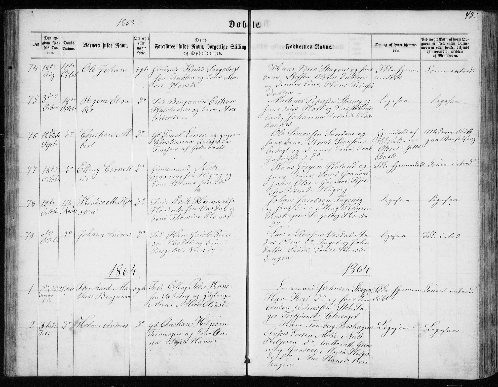 Ministerialprotokoller, klokkerbøker og fødselsregistre - Nordland, SAT/A-1459/843/L0634: Klokkerbok nr. 843C03, 1860-1884, s. 43