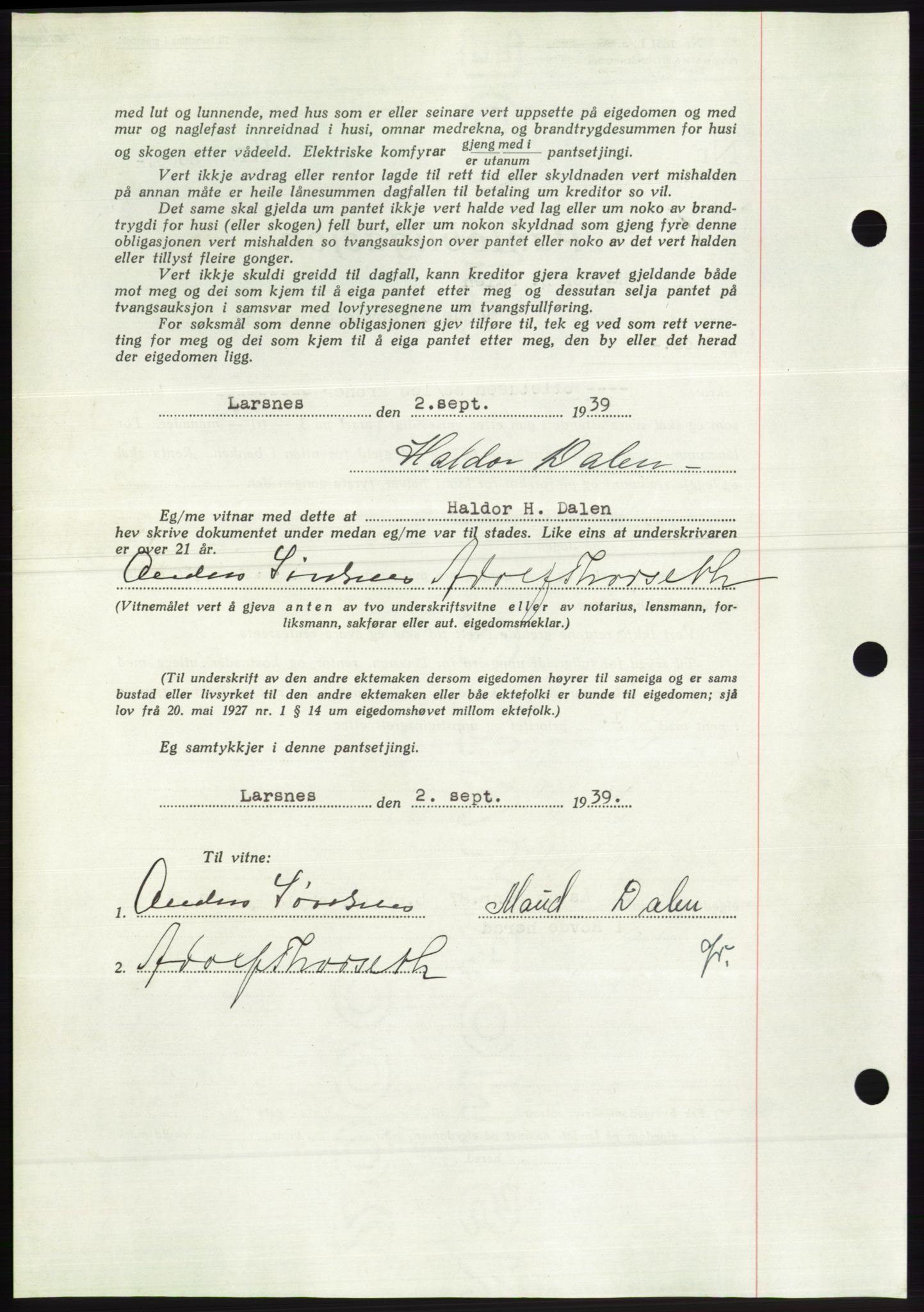 Søre Sunnmøre sorenskriveri, AV/SAT-A-4122/1/2/2C/L0068: Pantebok nr. 62, 1939-1939, Dagboknr: 1310/1939