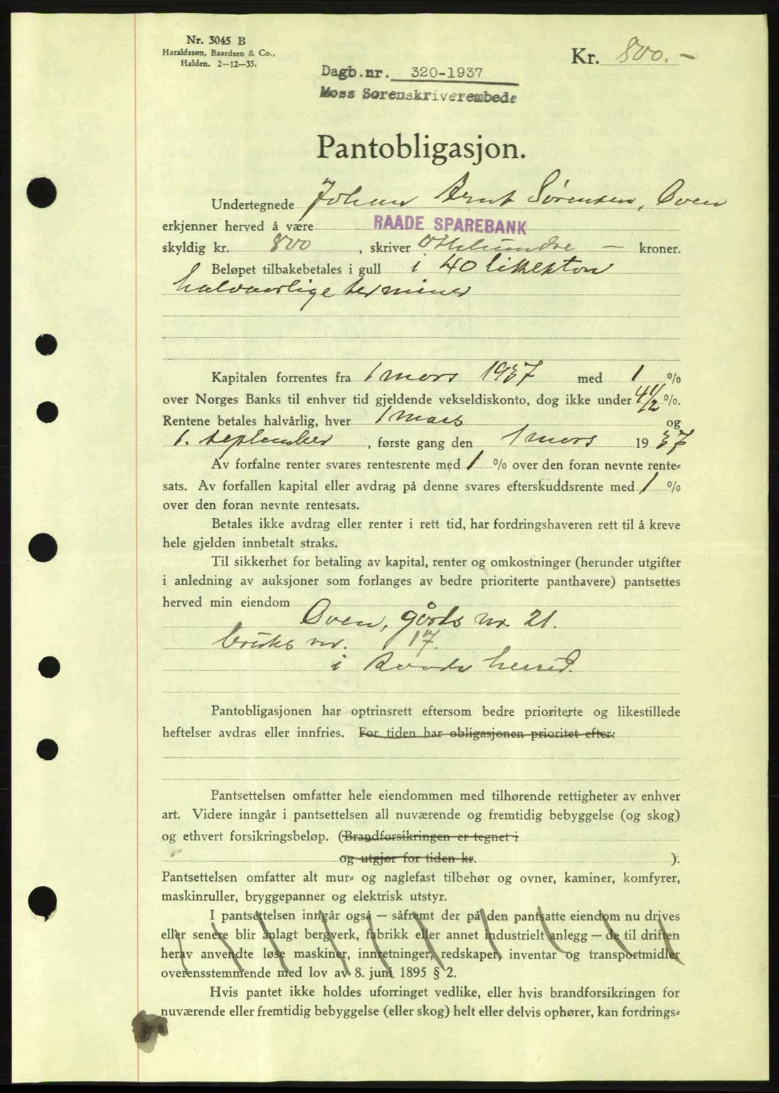 Moss sorenskriveri, SAO/A-10168: Pantebok nr. B3, 1937-1937, Dagboknr: 320/1937