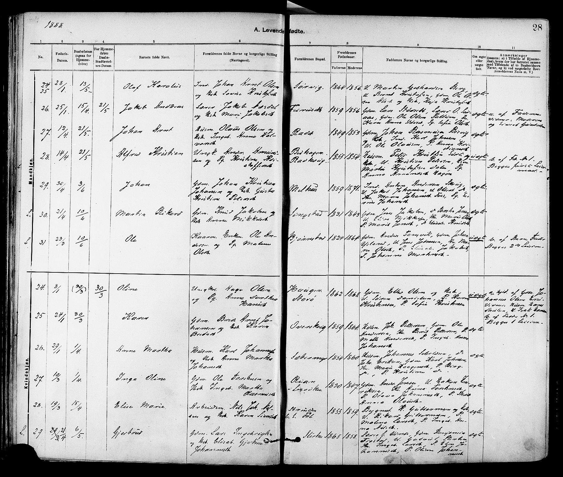 Ministerialprotokoller, klokkerbøker og fødselsregistre - Sør-Trøndelag, SAT/A-1456/647/L0634: Ministerialbok nr. 647A01, 1885-1896, s. 28