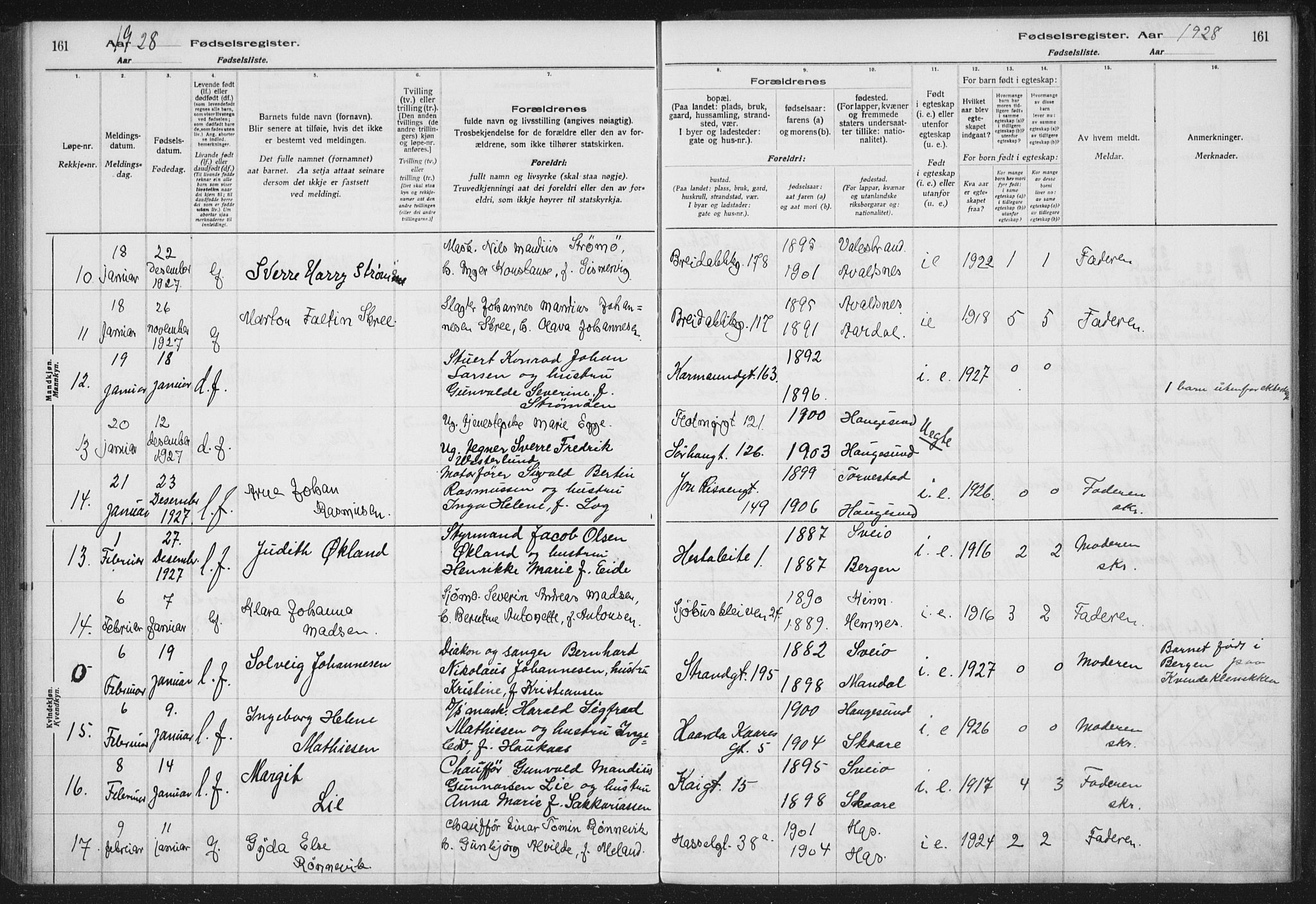 Haugesund sokneprestkontor, AV/SAST-A -101863/I/Id/L0005: Fødselsregister nr. 3, 1923-1929, s. 161