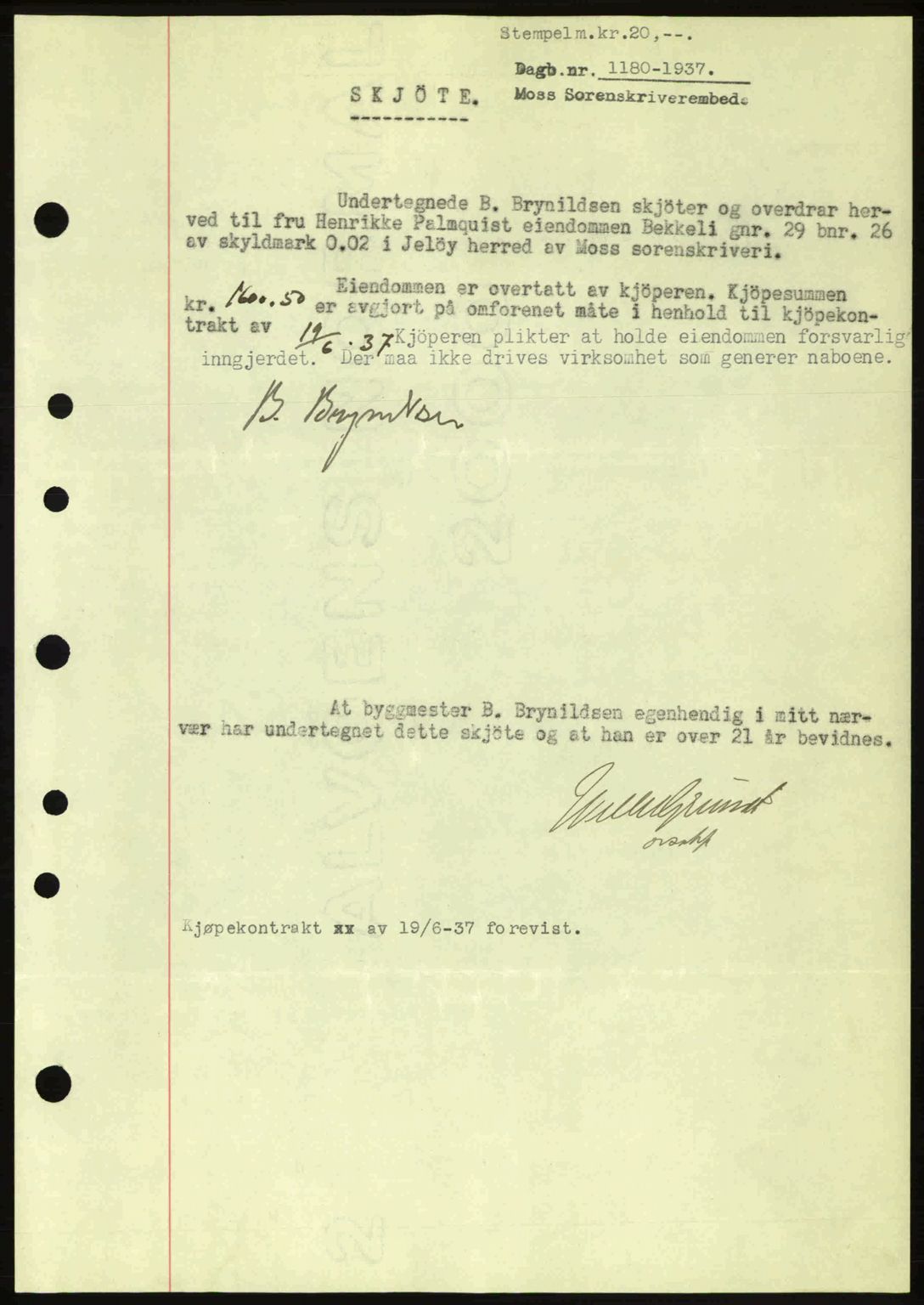 Moss sorenskriveri, SAO/A-10168: Pantebok nr. A3, 1937-1938, Dagboknr: 1180/1937