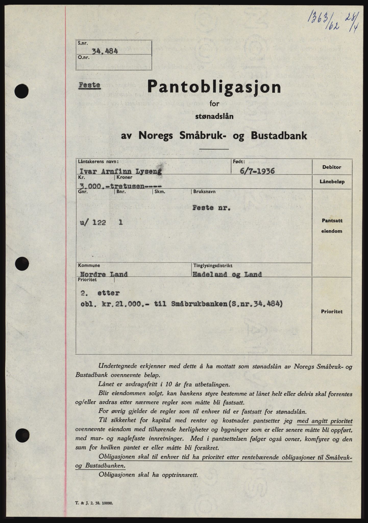 Hadeland og Land tingrett, SAH/TING-010/H/Hb/Hbc/L0048: Pantebok nr. B48, 1962-1962, Dagboknr: 1363/1962