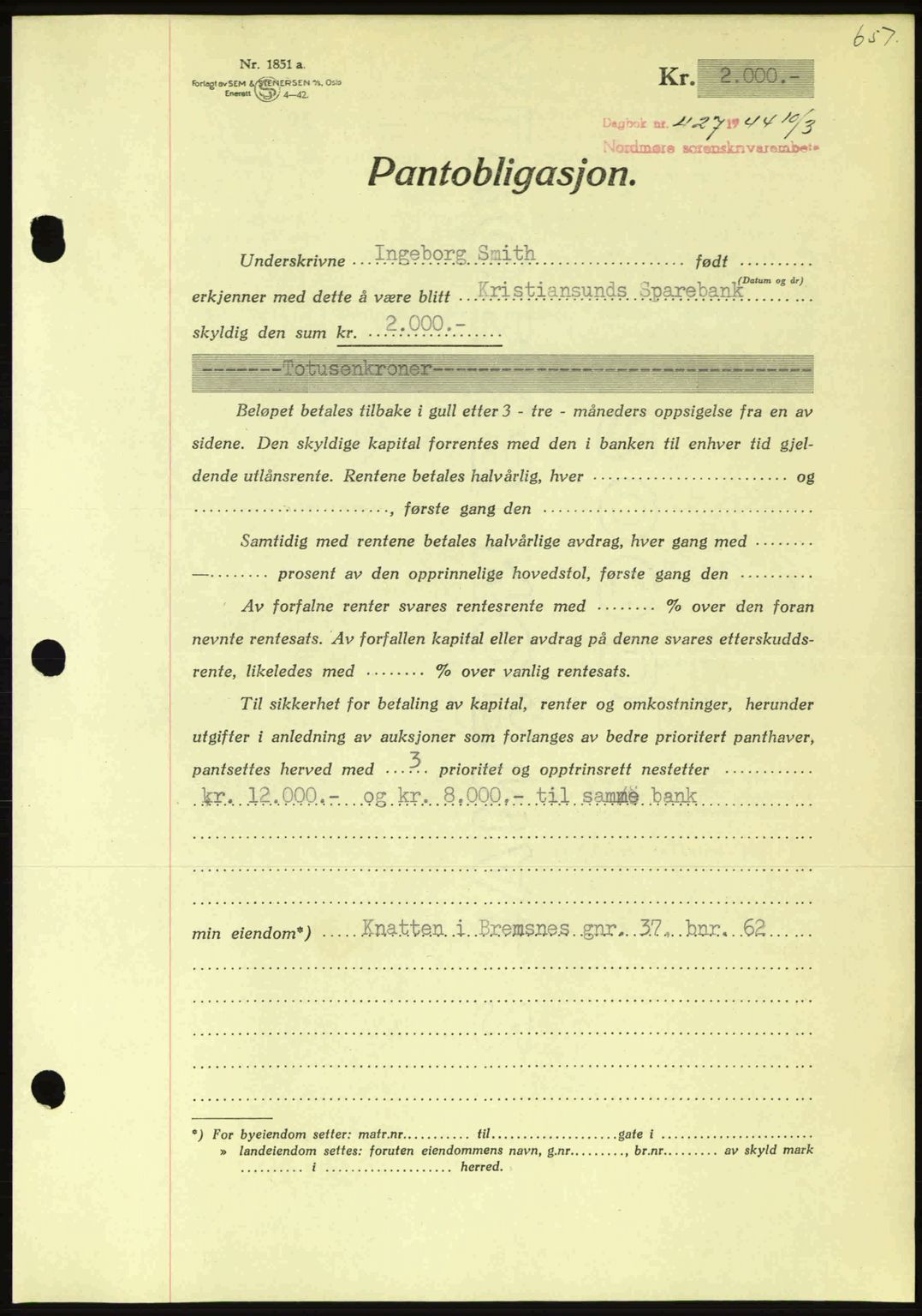 Nordmøre sorenskriveri, AV/SAT-A-4132/1/2/2Ca: Pantebok nr. B91, 1943-1944, Dagboknr: 427/1944