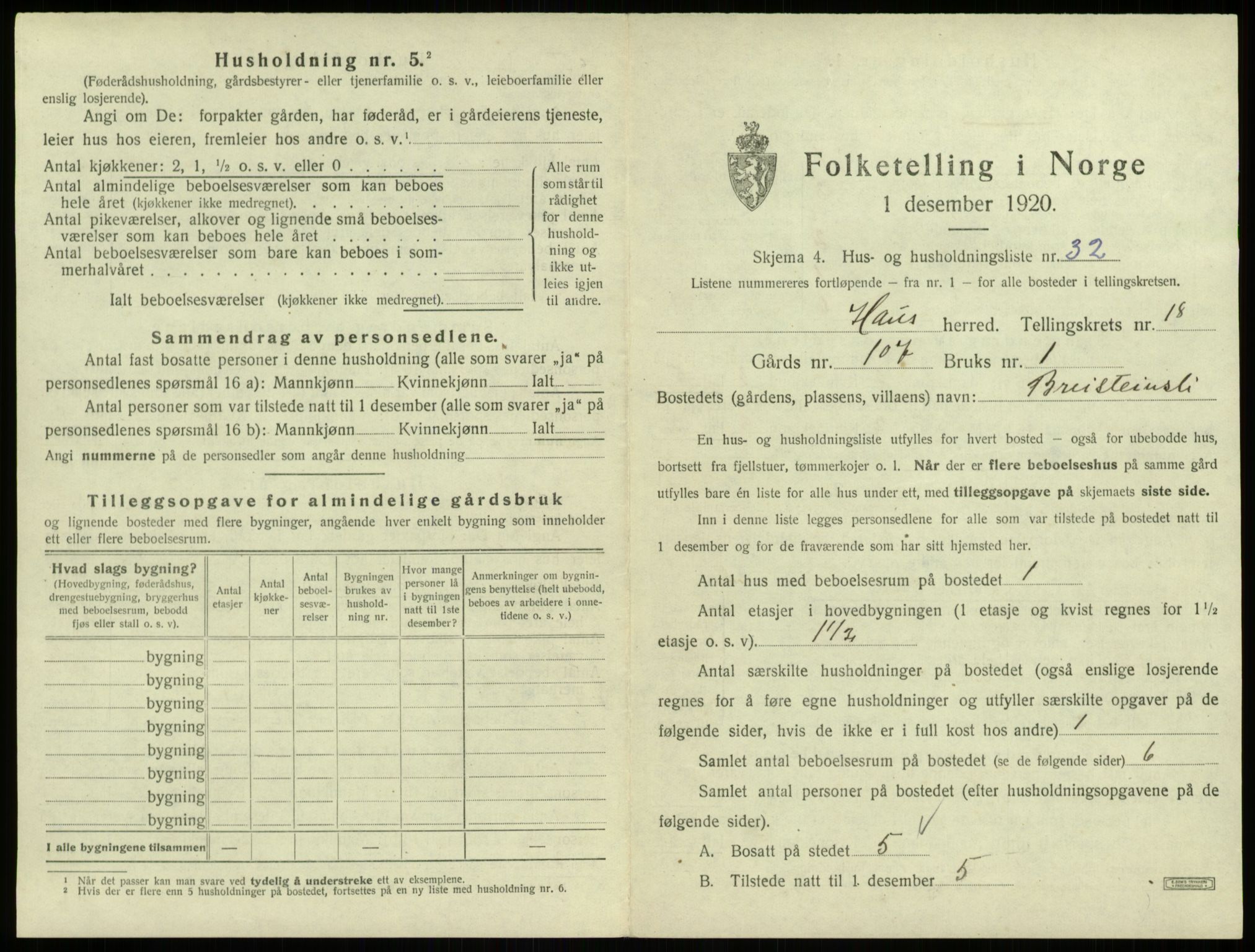 SAB, Folketelling 1920 for 1250 Haus herred, 1920, s. 1608