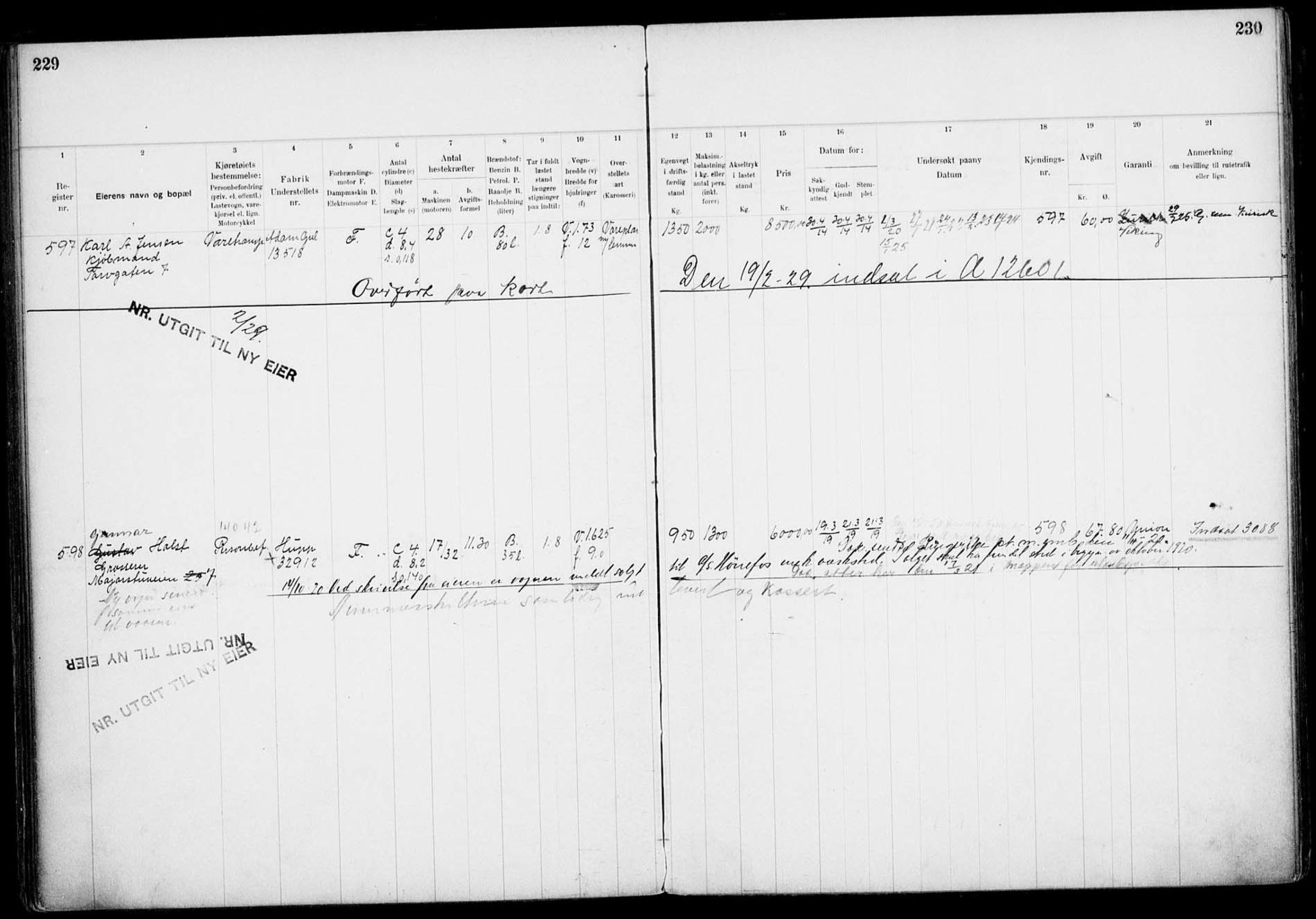 Vegdirektoratet, Bilavdelingen M, AV/RA-S-1663/F/Fa/L0002: Bilregisterprotokoll. Reg.nr. A1-A29 og A400-A902, 1913-1926, s. 229-230