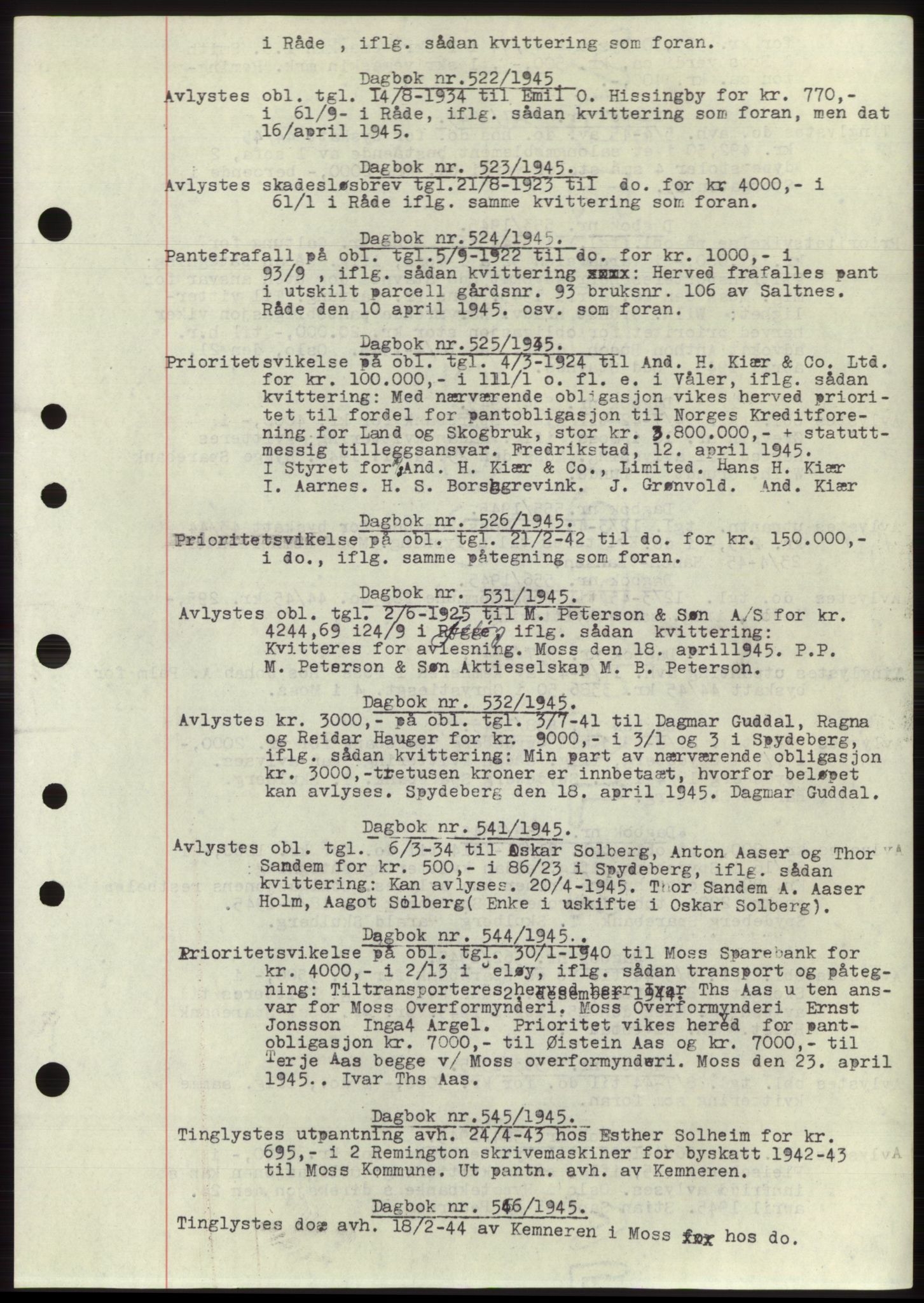 Moss sorenskriveri, SAO/A-10168: Pantebok nr. C10, 1938-1950, Dagboknr: 522/1945