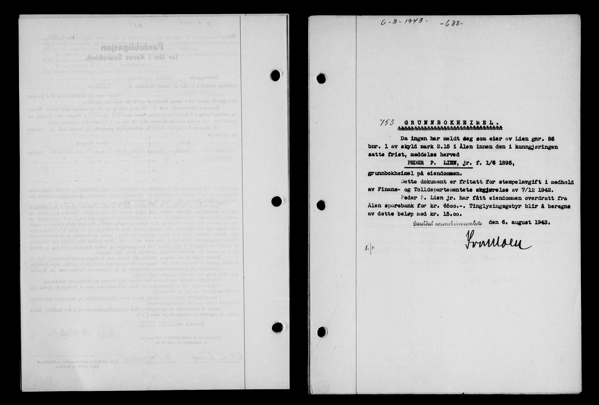 Gauldal sorenskriveri, SAT/A-0014/1/2/2C/L0056: Pantebok nr. 61, 1942-1943, Dagboknr: 753/1943