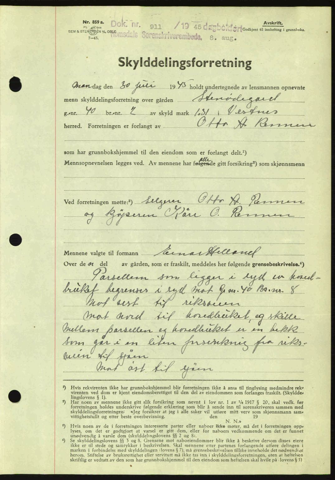 Romsdal sorenskriveri, SAT/A-4149/1/2/2C: Pantebok nr. A18, 1945-1945, Dagboknr: 911/1945