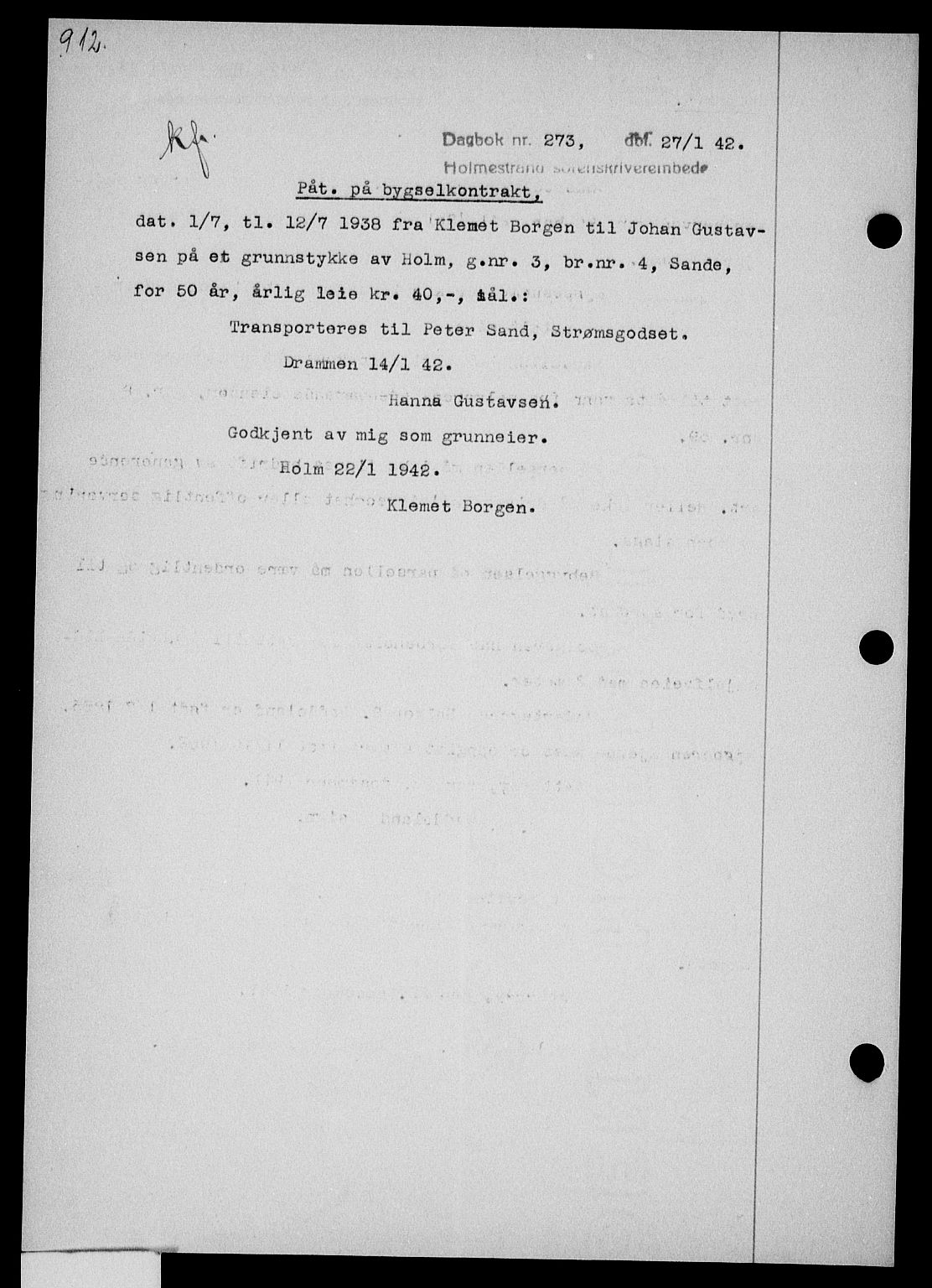 Holmestrand sorenskriveri, SAKO/A-67/G/Ga/Gaa/L0054: Pantebok nr. A-54, 1941-1942, Dagboknr: 273/1942