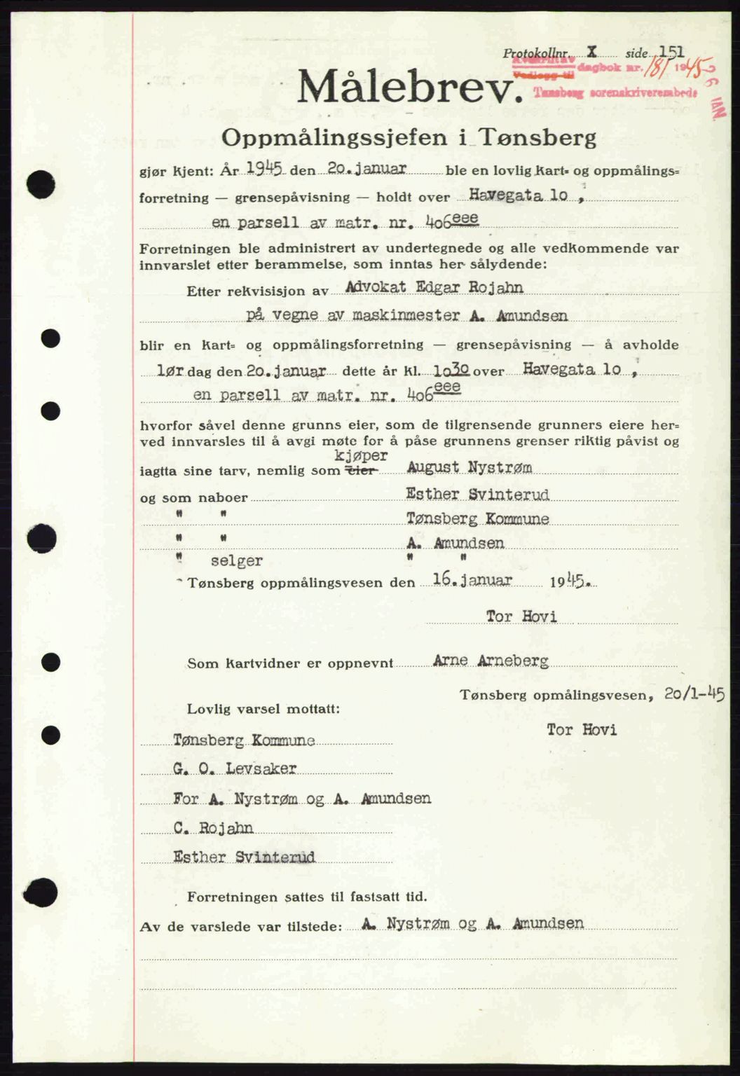 Tønsberg sorenskriveri, AV/SAKO-A-130/G/Ga/Gaa/L0016: Pantebok nr. A16, 1944-1945, Dagboknr: 181/1945