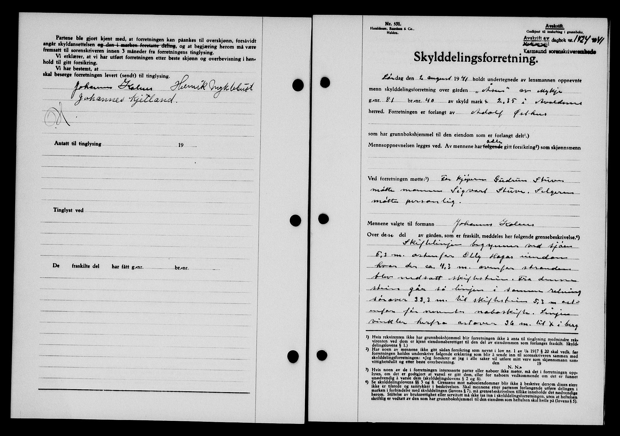 Karmsund sorenskriveri, SAST/A-100311/01/II/IIB/L0075: Pantebok nr. 56A, 1941-1941, Dagboknr: 1424/1941