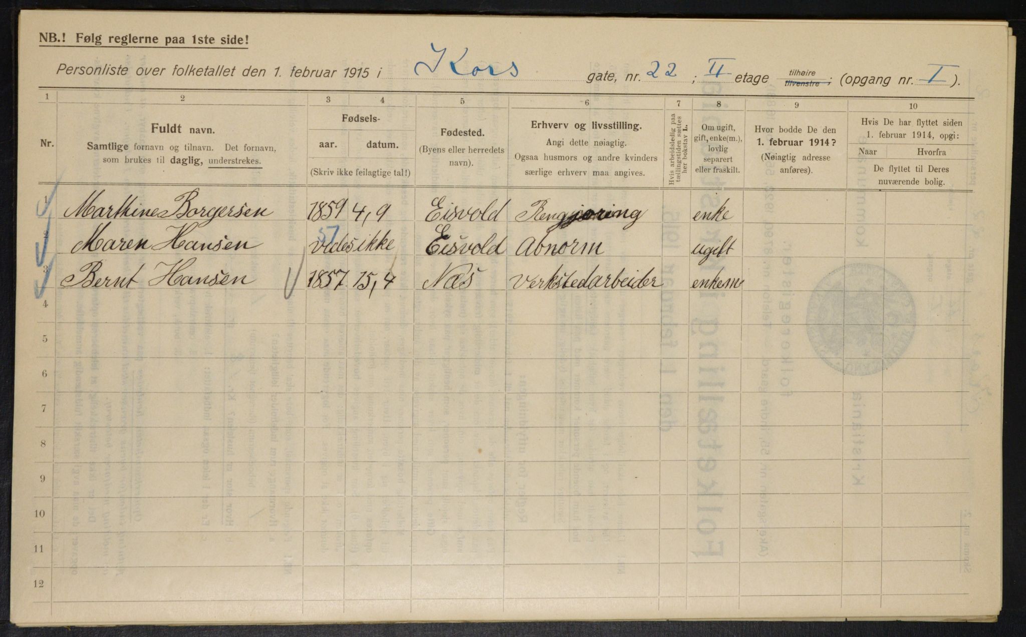 OBA, Kommunal folketelling 1.2.1915 for Kristiania, 1915, s. 53154